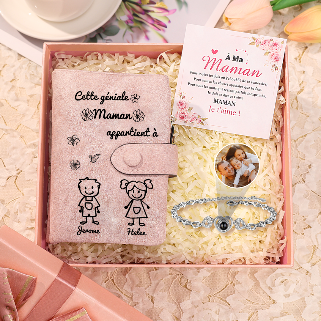 3PCS Coffret Cadeau  À Maman - Portefeuille Bracelet Projection et Carte Personnalisés avec 2 Prénoms et Dessins Enfant et Photo | Jessemade