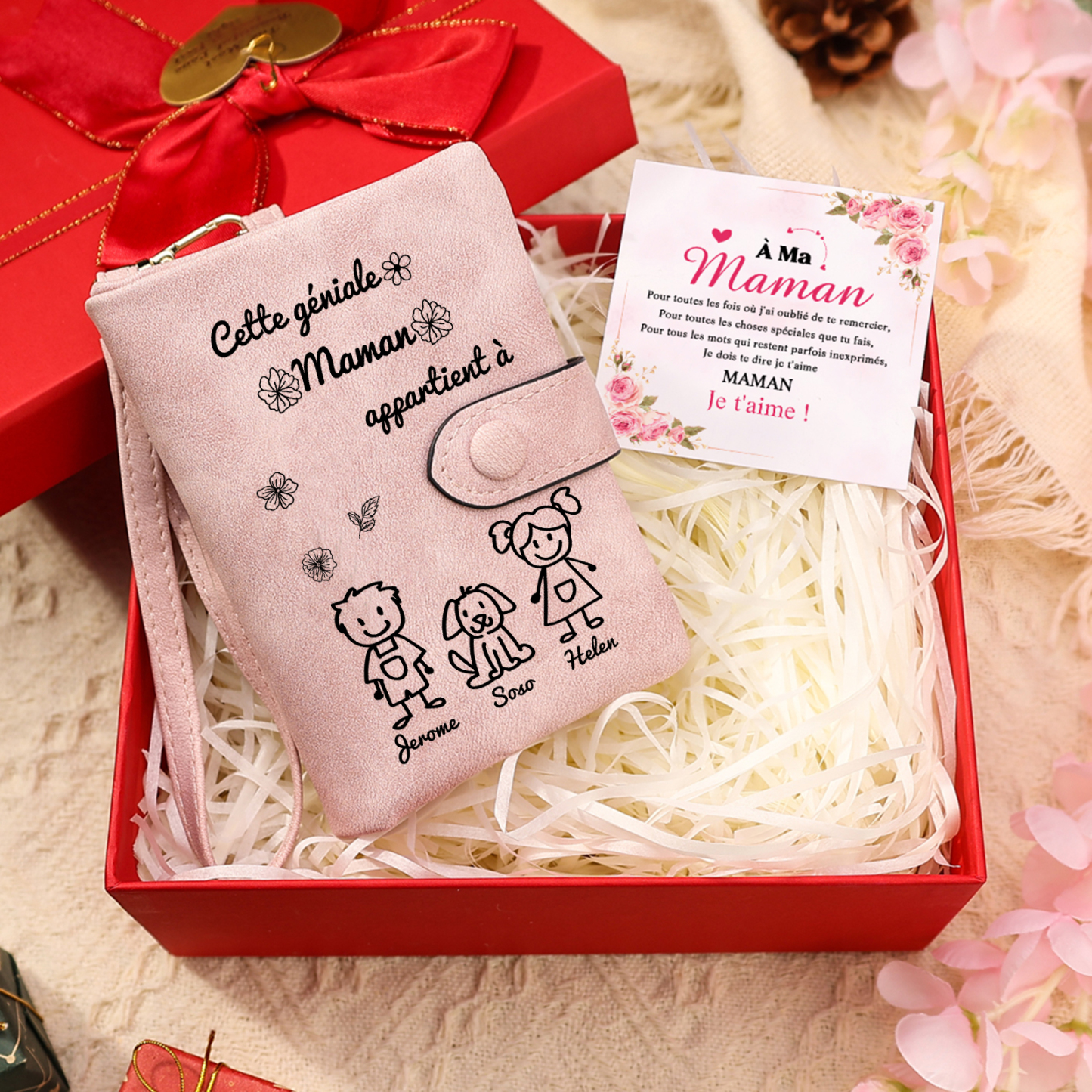 À Maman Portefeuille Personnalisé en Rose avec 3 Prénoms et Enfants Cadeau pour Maman | Jessemade