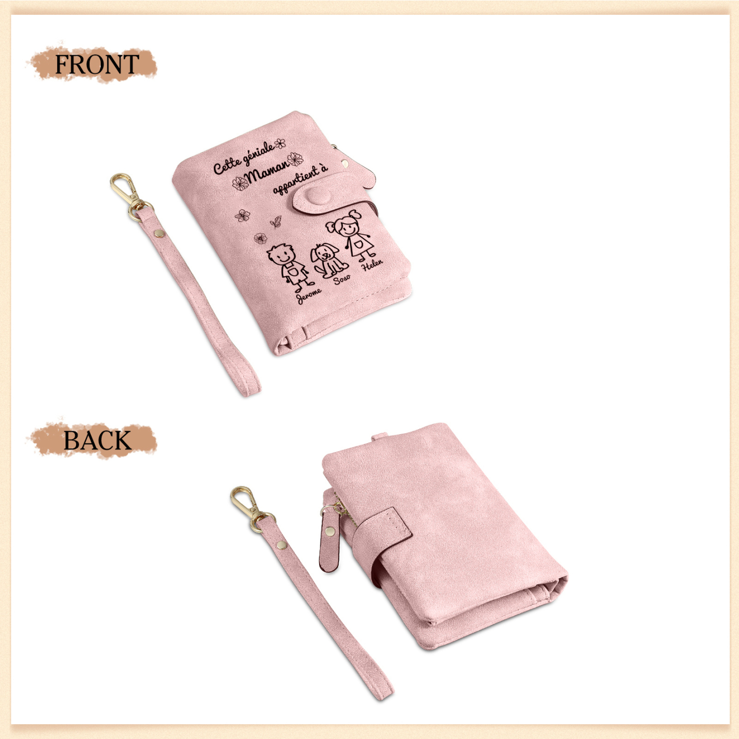 3PCS Coffret Cadeau - À Votre Maman Portefeuille et Porte-Clés Personnalisé avec 3 Prénoms et Dessins Enfant Photo Cadeau pour Mère | Jessemade