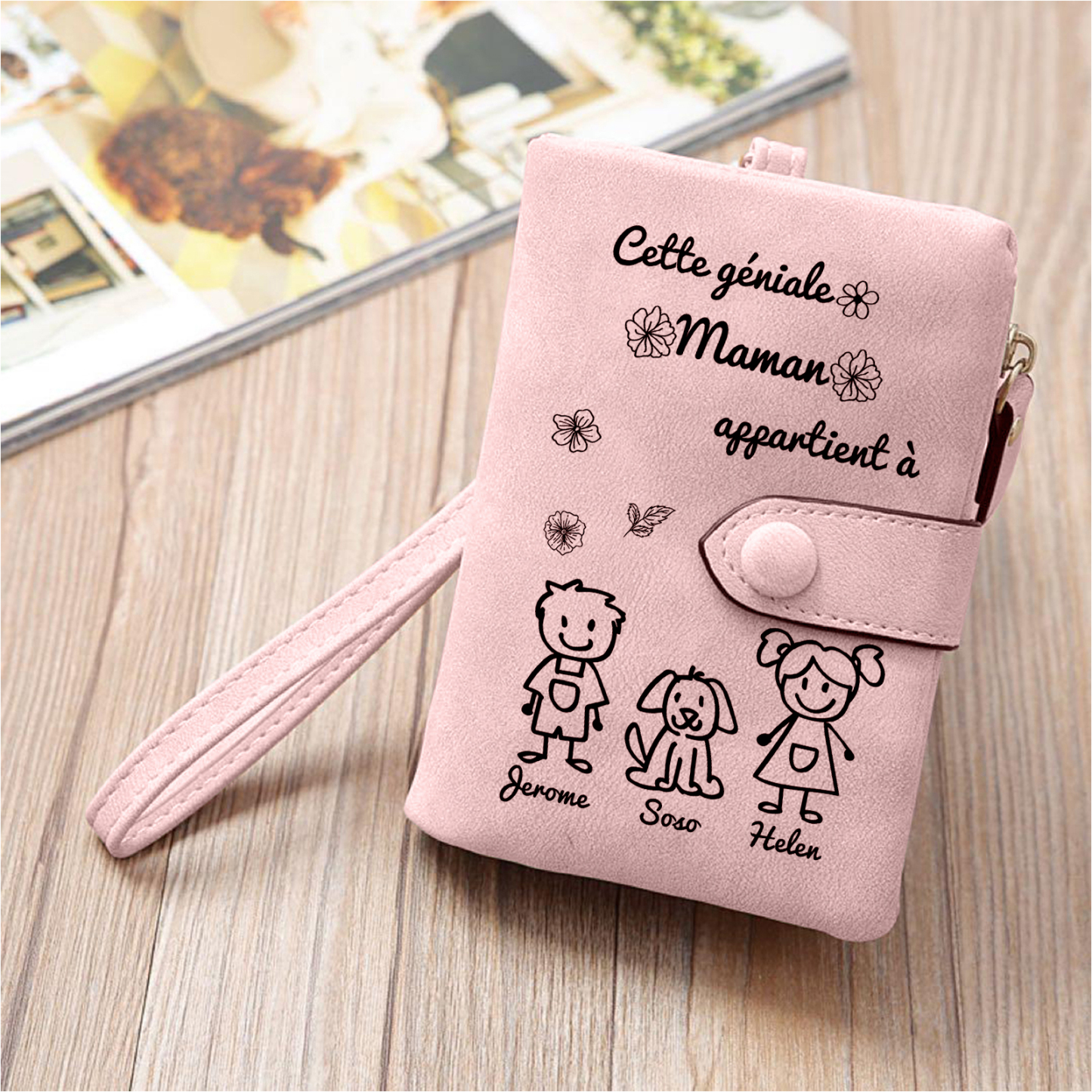3PCS Coffret Cadeau - À Votre Maman Portefeuille et Porte-Clés Personnalisé avec 3 Prénoms et Dessins Enfant Photo Cadeau pour Mère | Jessemade
