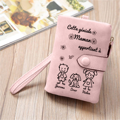 3PCS Coffret Cadeau - À Votre Maman Portefeuille et Porte-Clés Personnalisé avec 3 Prénoms et Dessins Enfant Photo Cadeau pour Mère | Jessemade