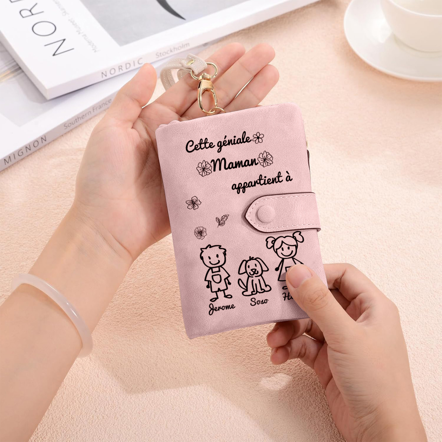 3PCS Coffret Cadeau - À Votre Maman Portefeuille et Porte-Clés Personnalisé avec 3 Prénoms et Dessins Enfant Photo Cadeau pour Mère | Jessemade