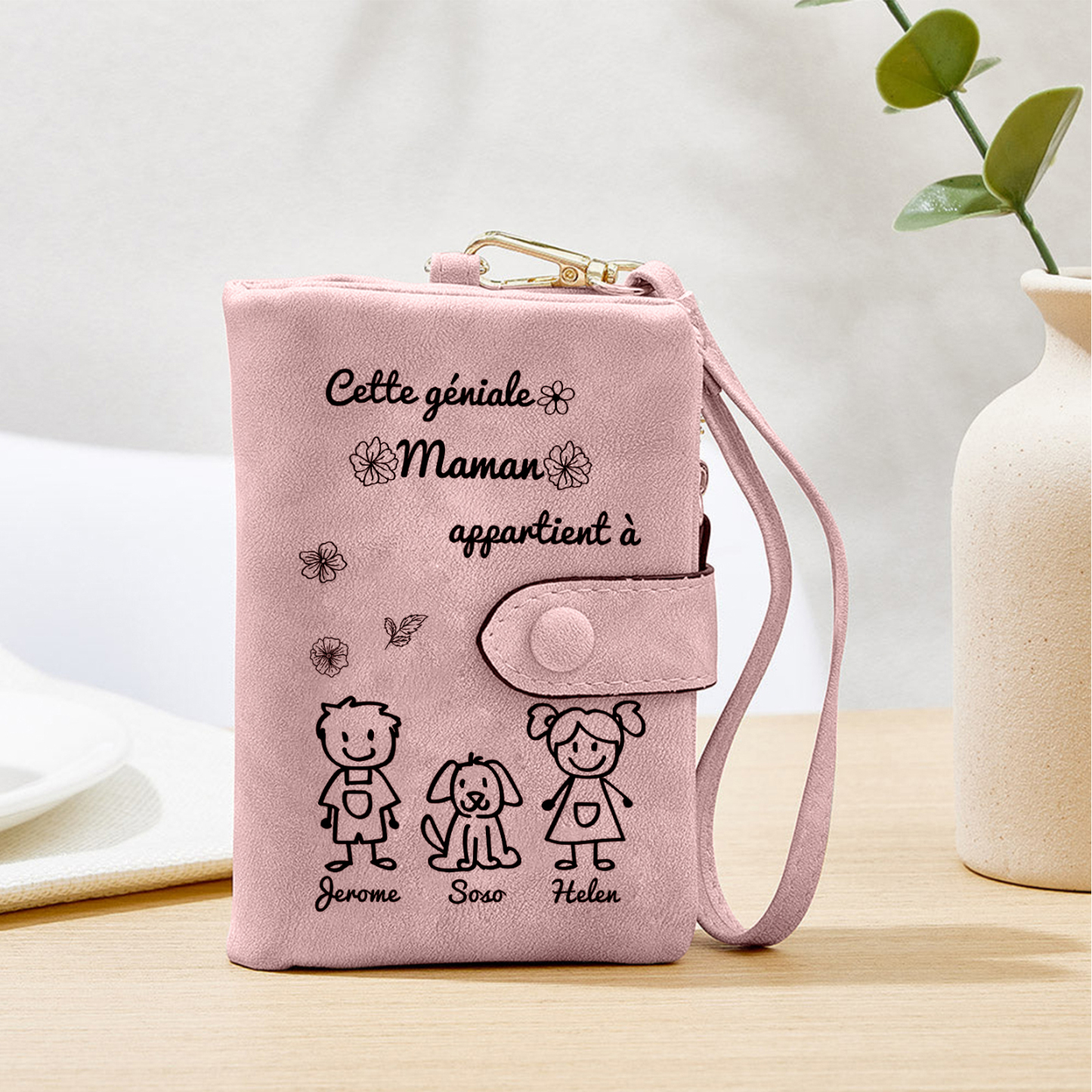 3PCS Coffret Cadeau - À Votre Maman Portefeuille et Porte-Clés Personnalisé avec 3 Prénoms et Dessins Enfant Photo Cadeau pour Mère | Jessemade