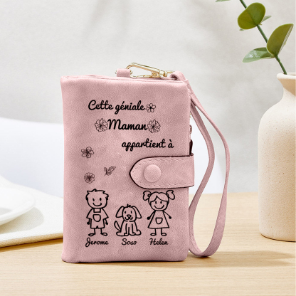 3PCS Coffret Cadeau - À Votre Maman Portefeuille et Porte-Clés Personnalisé avec 3 Prénoms et Dessins Enfant Photo Cadeau pour Mère | Jessemade