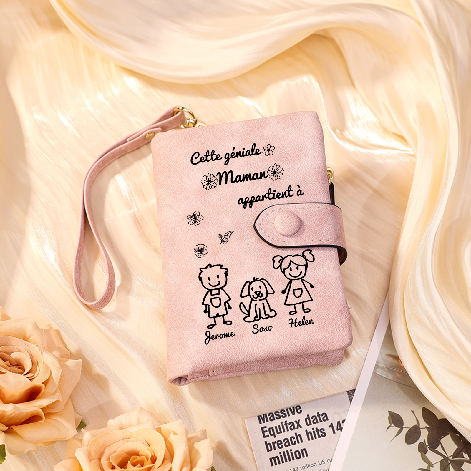 3PCS Coffret Cadeau - À Votre Maman Portefeuille et Porte-Clés Personnalisé avec 3 Prénoms et Dessins Enfant Photo Cadeau pour Mère | Jessemade
