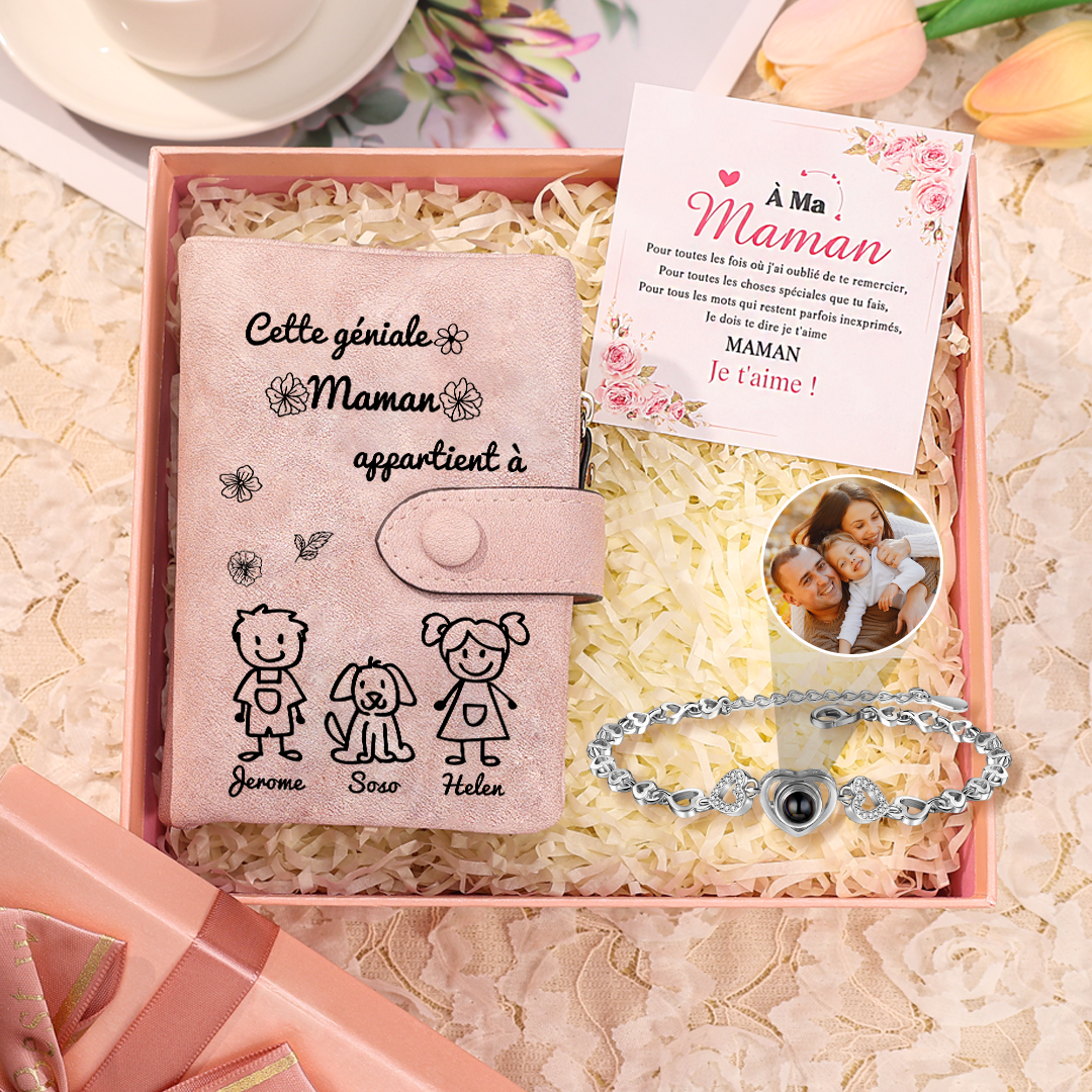 3PCS Coffret Cadeau  À Maman - Portefeuille Bracelet Projection et Carte Personnalisés avec 3 Prénoms et Dessins Enfant et Photo | Jessemade