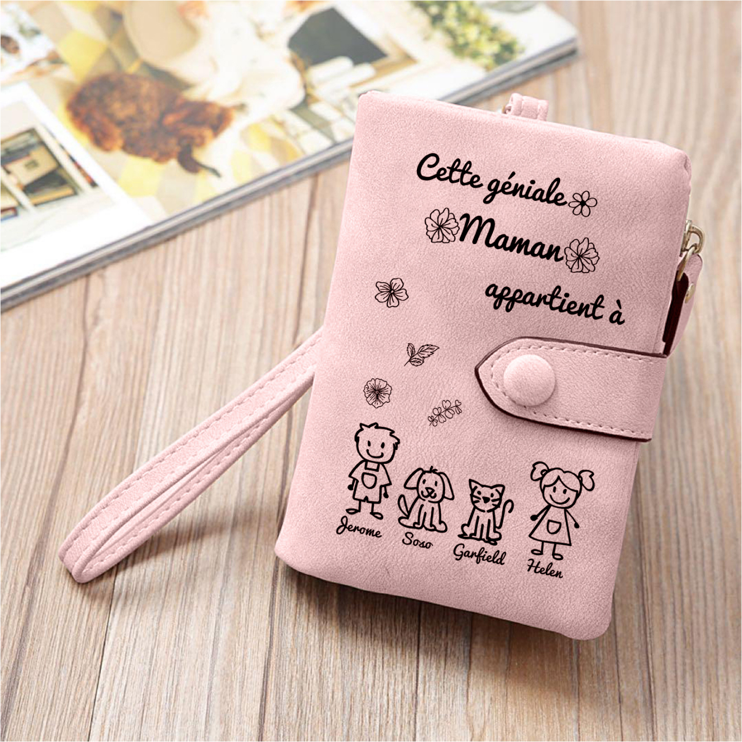 3PCS Coffret Cadeau À Maman - Portefeuille Bracelet Projection et Carte Personnalisés avec 4 Prénoms et Dessins Enfant et Photo | Jessemade