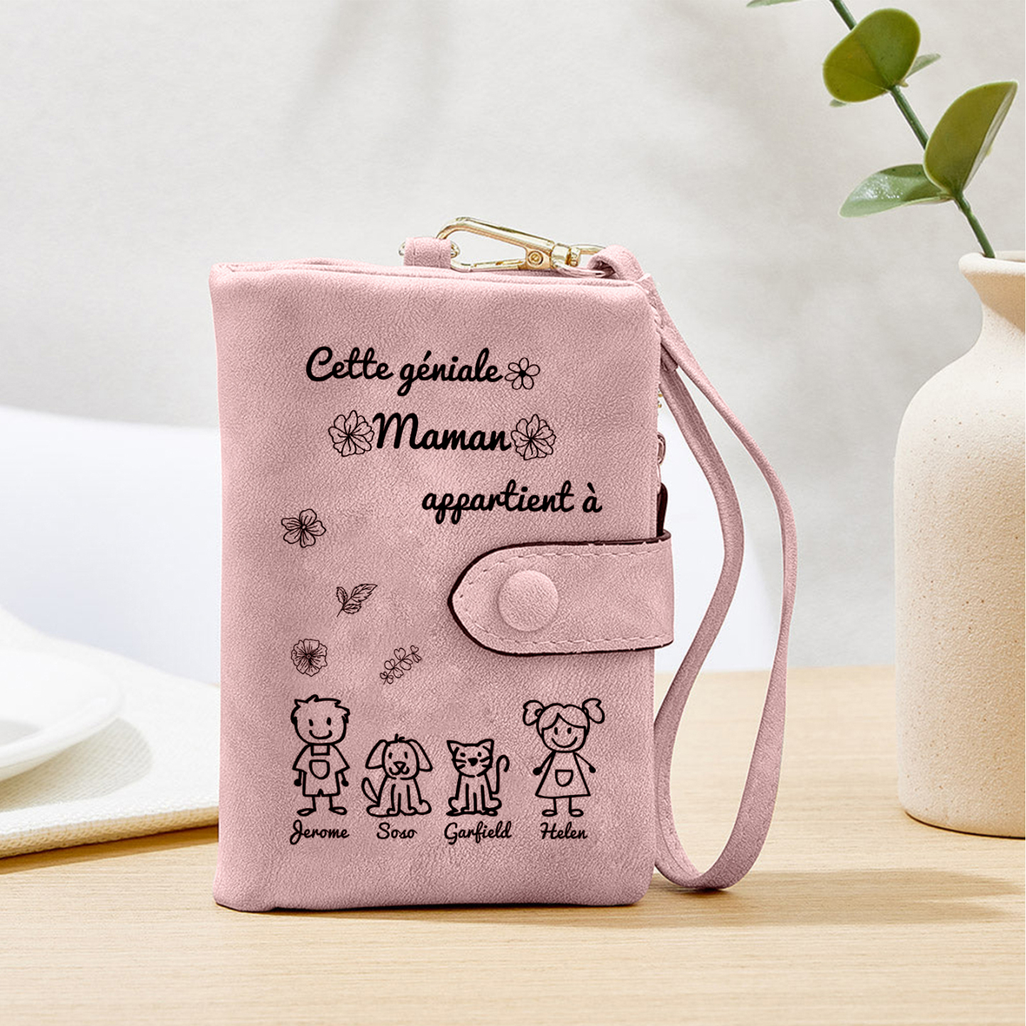 3PCS Coffret Cadeau À Maman - Portefeuille Bracelet Projection et Carte Personnalisés avec 4 Prénoms et Dessins Enfant et Photo | Jessemade