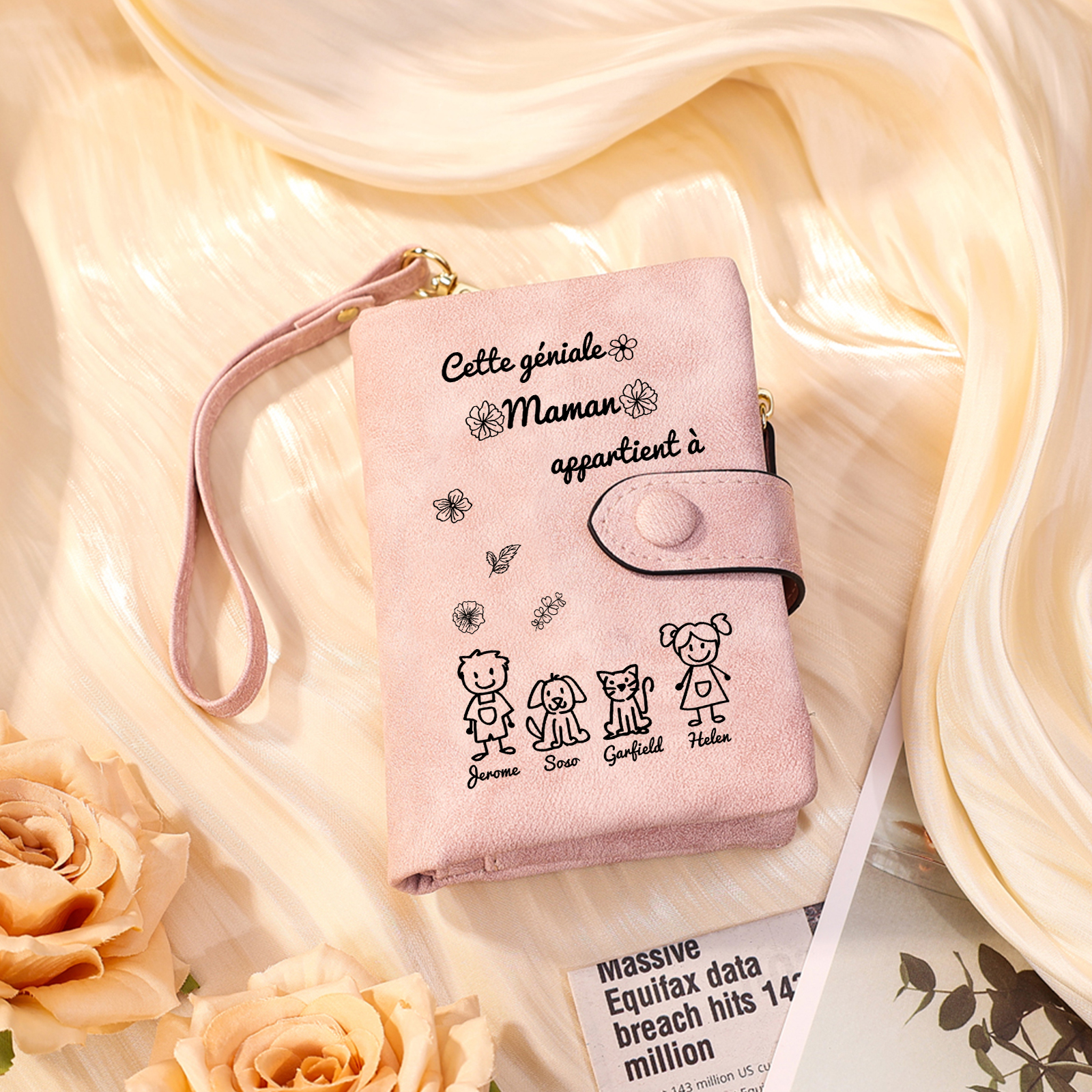 3PCS Coffret Cadeau  À Maman - Portefeuille Bracelet Projection et Carte Personnalisés avec 4 Prénoms et Dessins Enfant et Photo | Jessemade