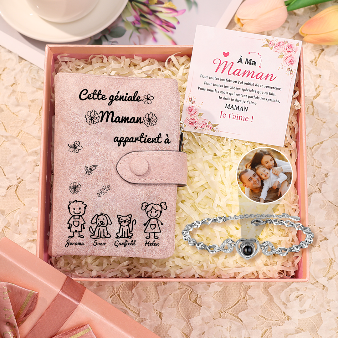 3PCS Coffret Cadeau  À Maman - Portefeuille Bracelet Projection et Carte Personnalisés avec 4 Prénoms et Dessins Enfant et Photo | Jessemade