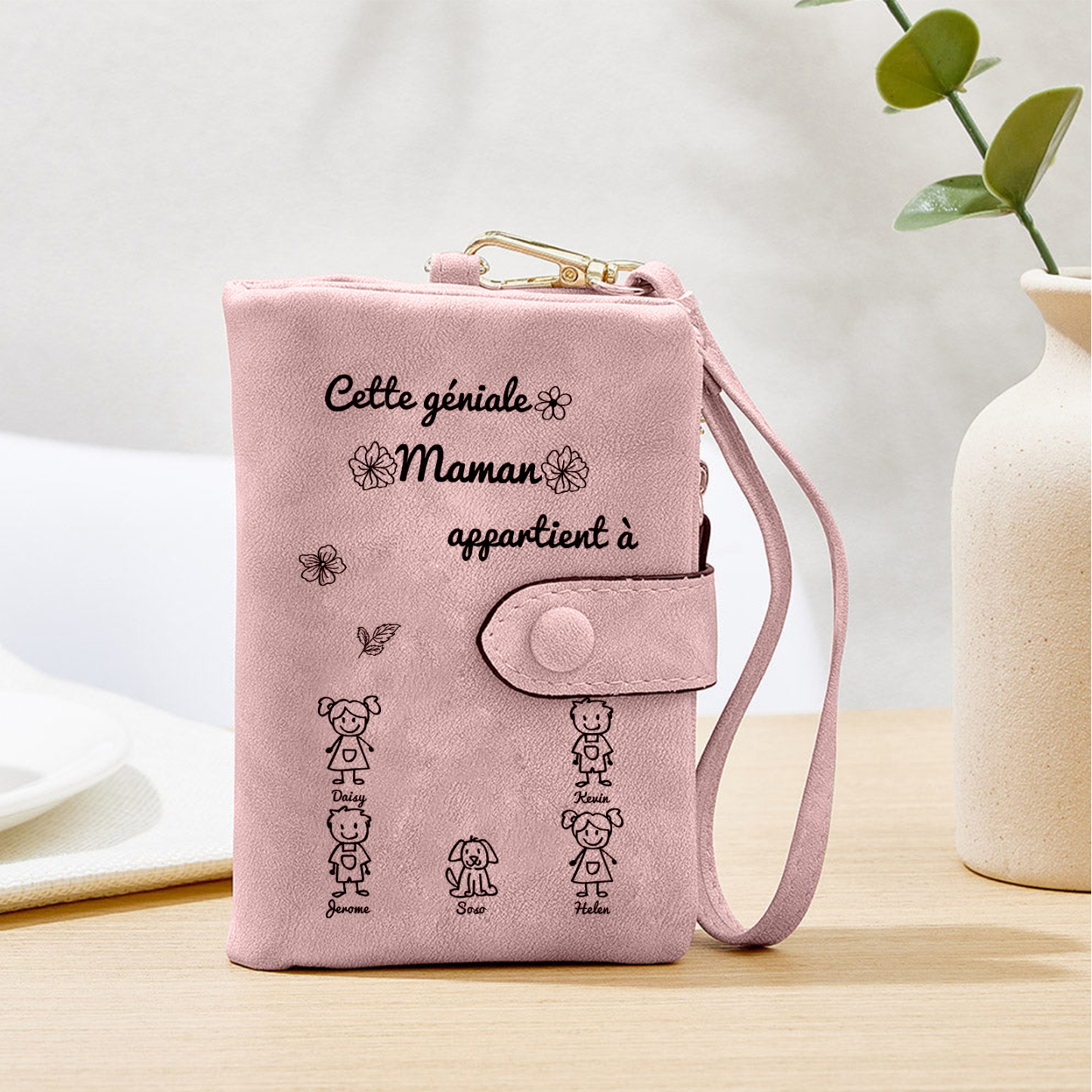 À Maman Portefeuille Personnalisé en Rose avec 5 Prénoms et Enfants Cadeau pour Maman | Jessemade