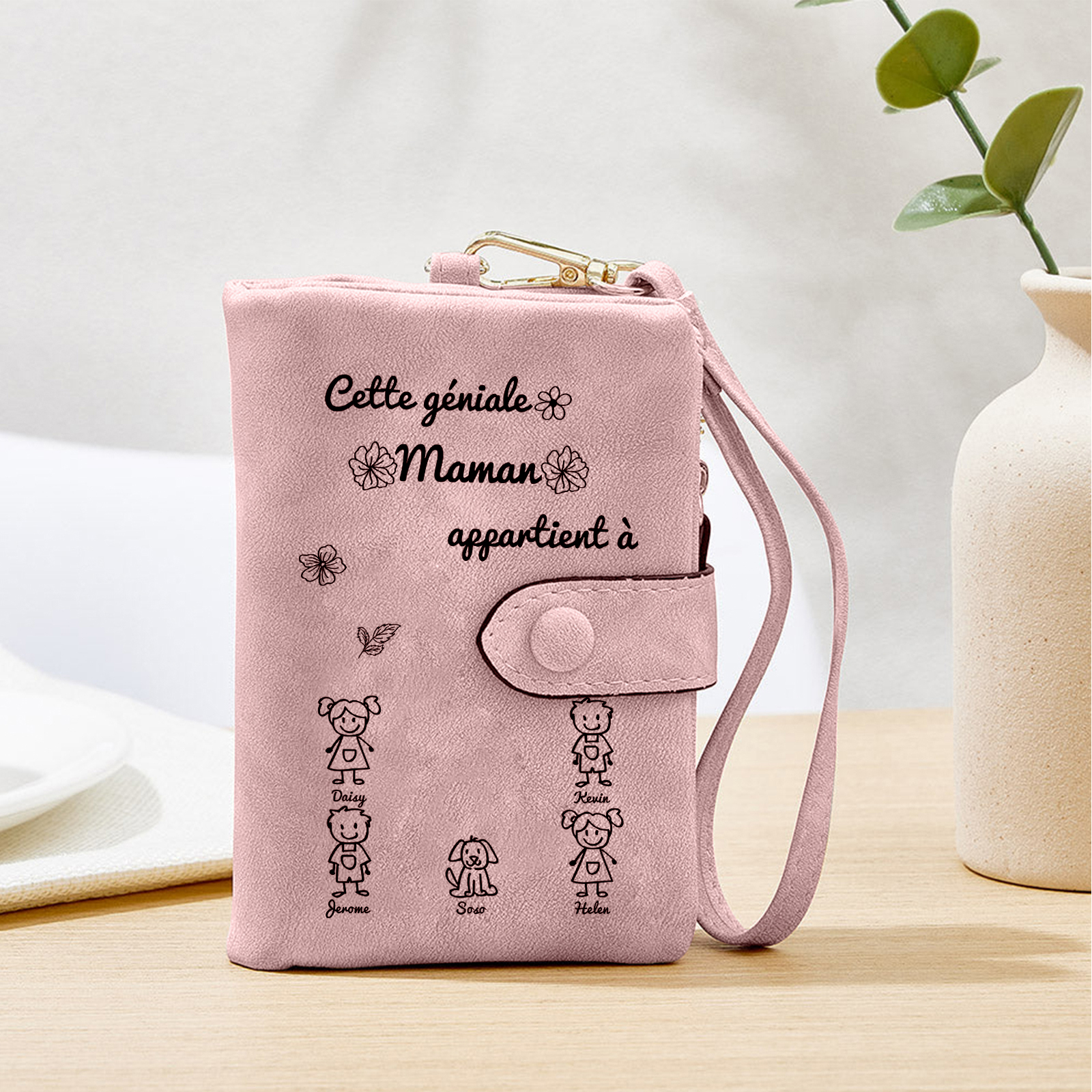 À Maman Portefeuille Personnalisé en Rose avec 5 Prénoms et Enfants Cadeau pour Maman | Jessemade