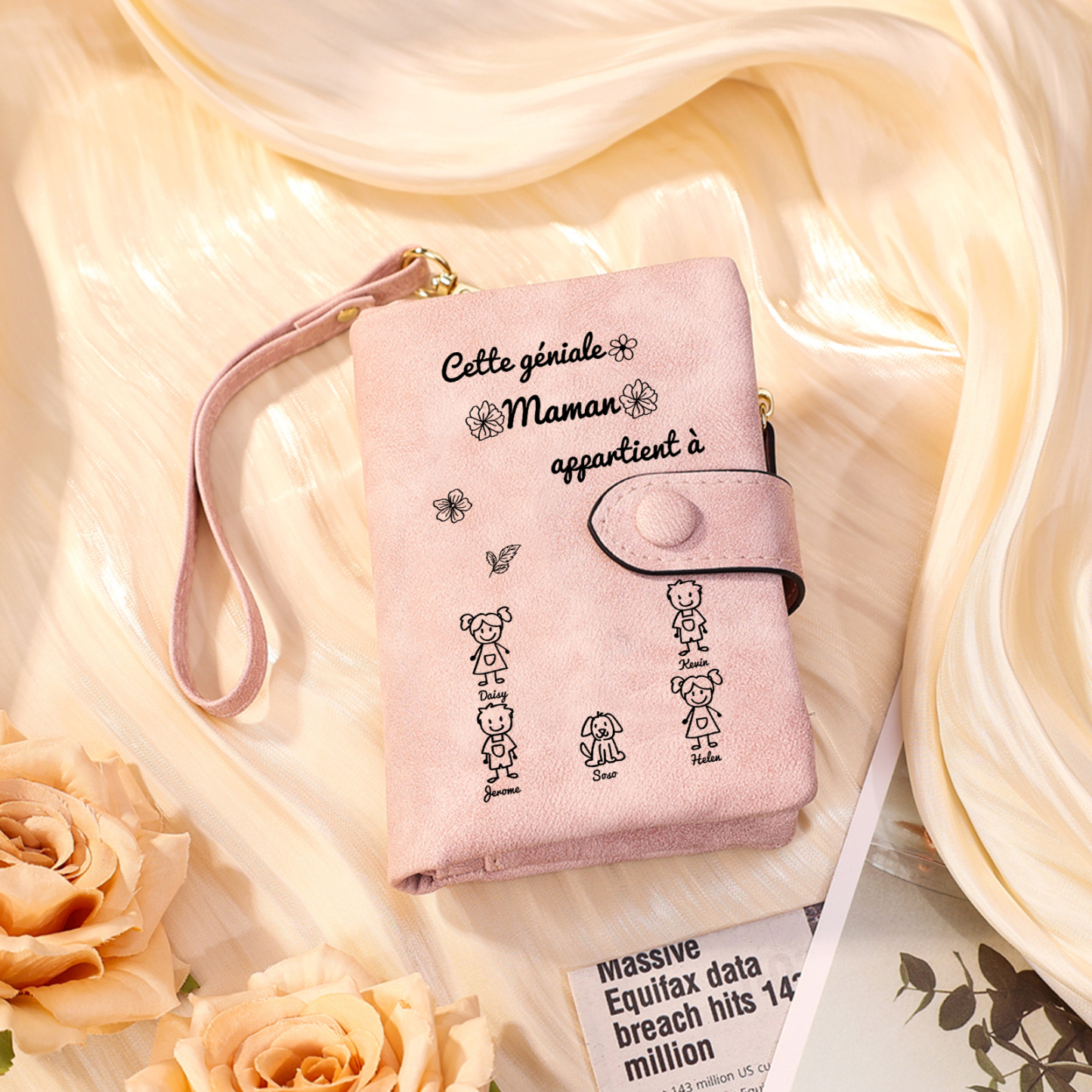 3PCS Coffret Cadeau - À Votre Maman Portefeuille et Porte-Clés Personnalisé avec 5 Prénoms et Dessins Enfant Photo Cadeau pour Mère | Jessemade