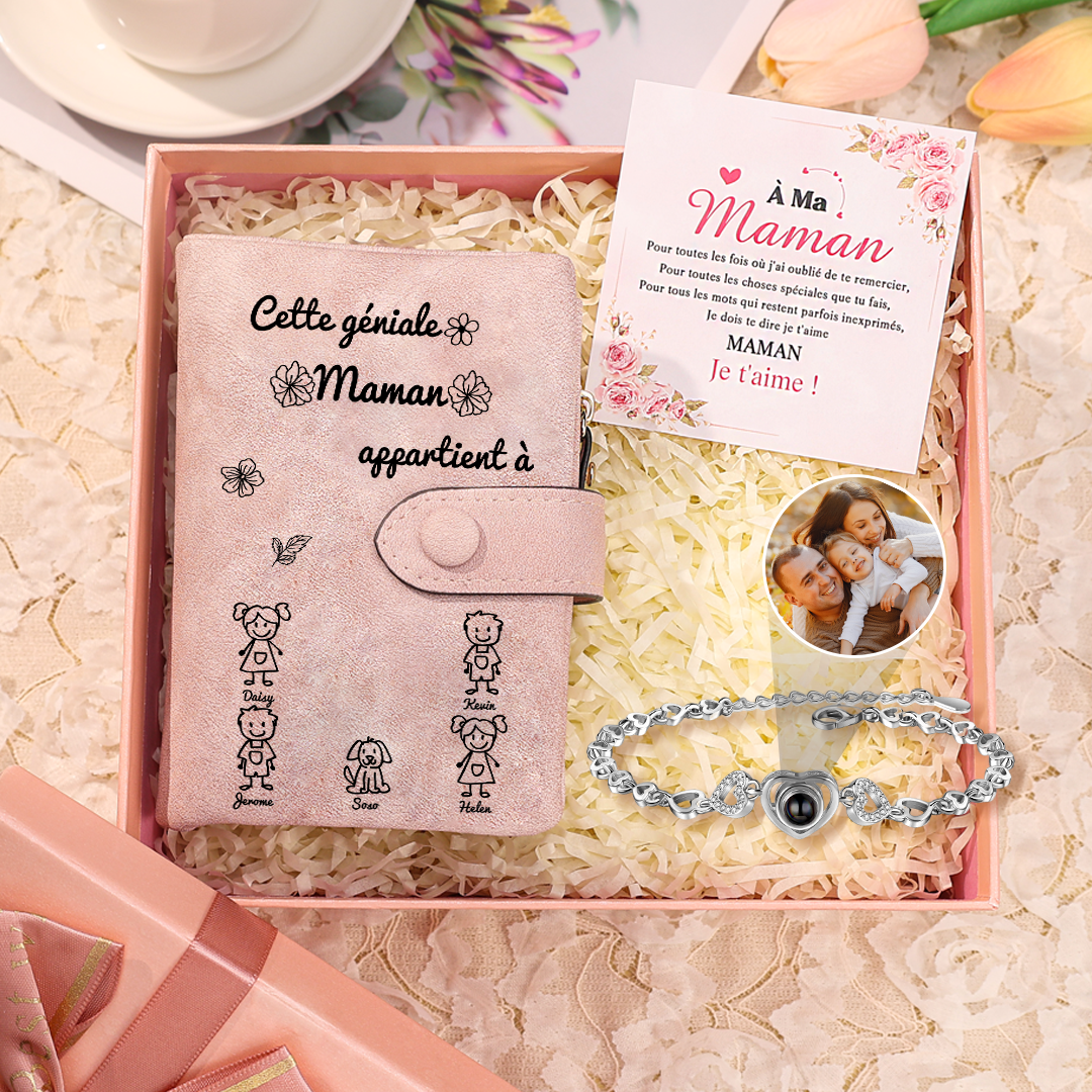 3PCS Coffret Cadeau  À Maman - Portefeuille Bracelet Projection et Carte Personnalisés avec 5 Prénoms et Dessins Enfant et Photo | Jessemade