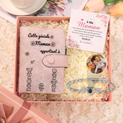 Coffret Cadeau Personnalisé pour Maman – Portefeuille Gravé, Bracelet Projection & Carte de Vœux | Jessemade