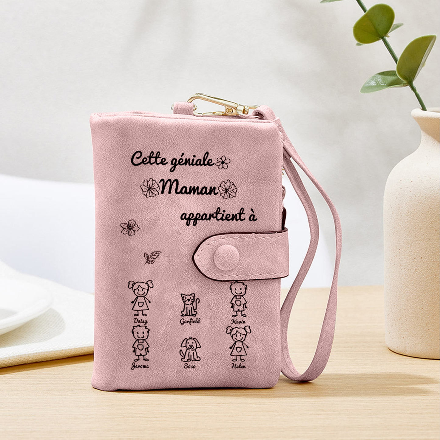 À Maman Portefeuille Personnalisé en Rose avec 6 Prénoms et Enfants Cadeau pour Maman | Jessemade
