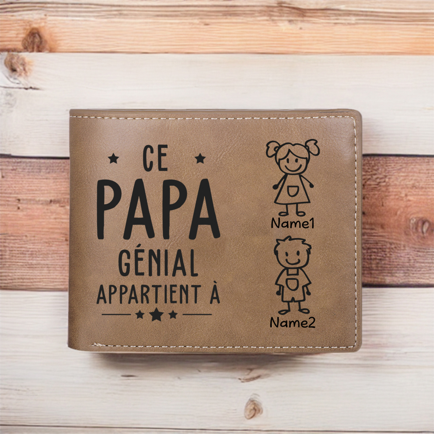 Portefeuille en Cuir 2 Prénoms Personnalisé avec photo et texte Classique Homme Cadeau Pour Papa | Jessemade