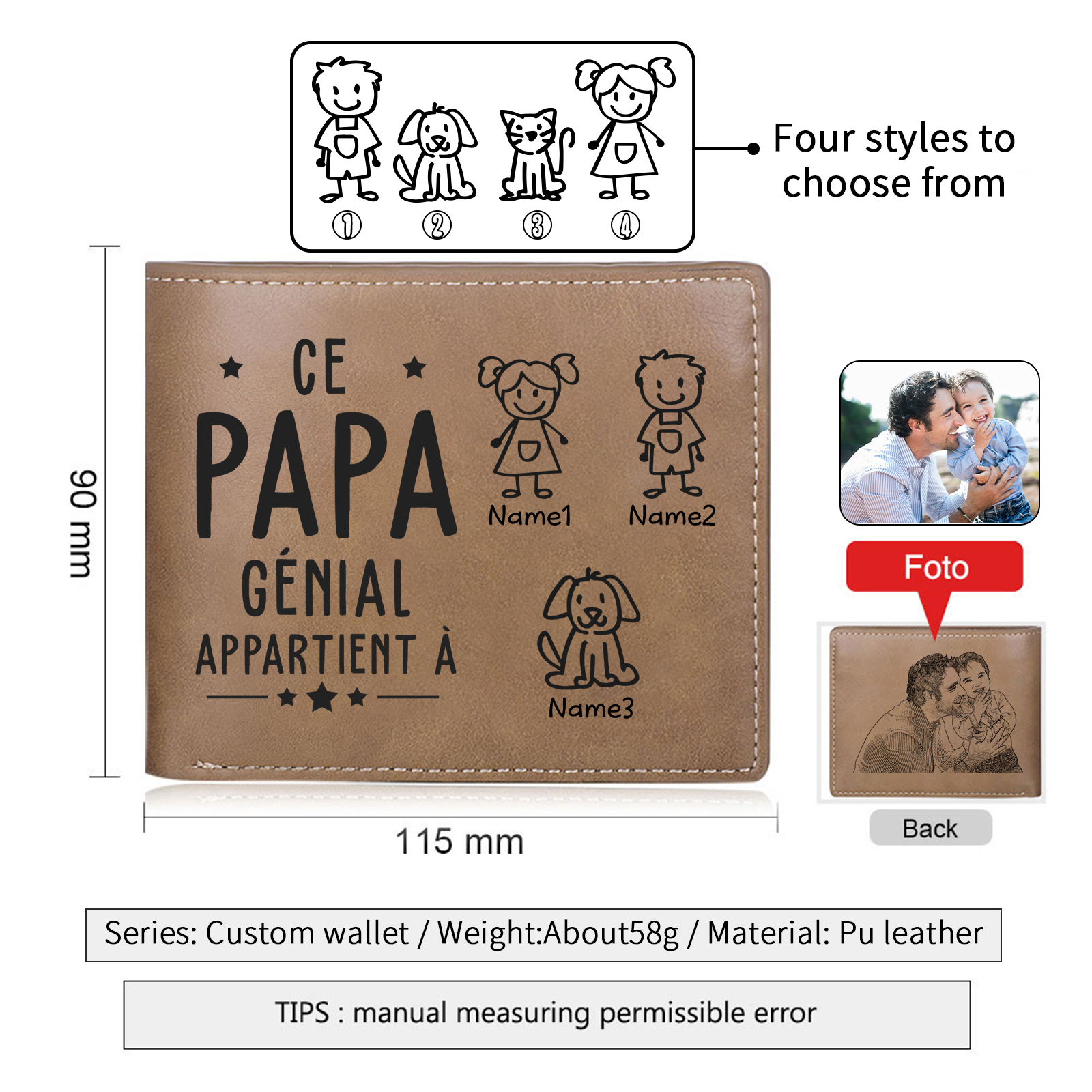 Portefeuille en Cuir PU 3 Prénoms Personnalisés avec Photo et Texte Classique Homme Cadeau Pour Papa | Jessemade