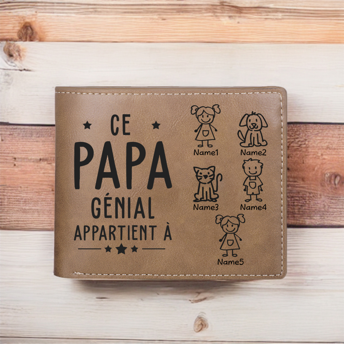 Portefeuille de Homme Personnalisé en Cuir 5 Prénoms avec Photo et Texte Classique Cadeau Pour Papa | Jessemade