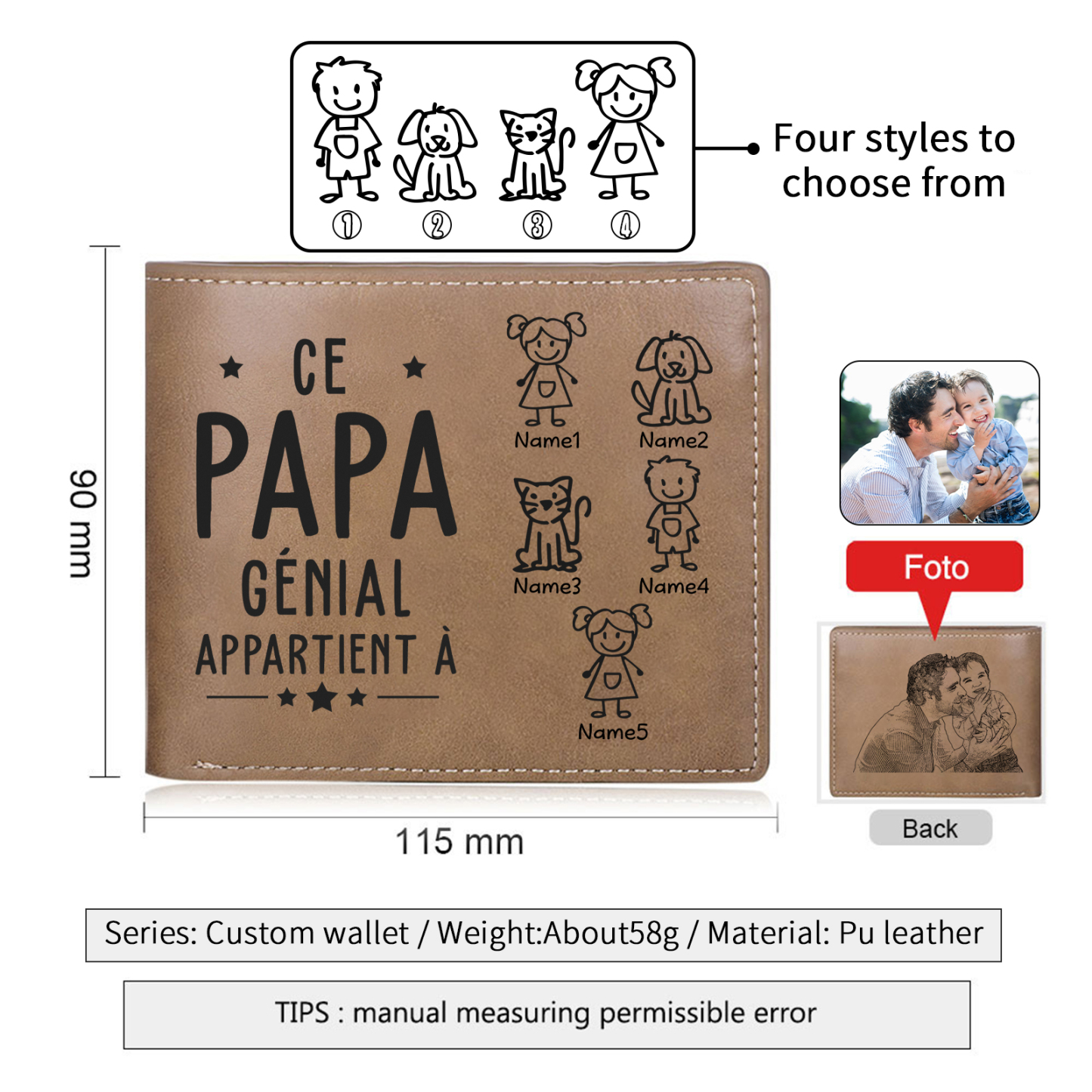 Portefeuille de Homme Personnalisé en Cuir 5 Prénoms avec Photo et Texte Classique Cadeau Pour Papa | Jessemade