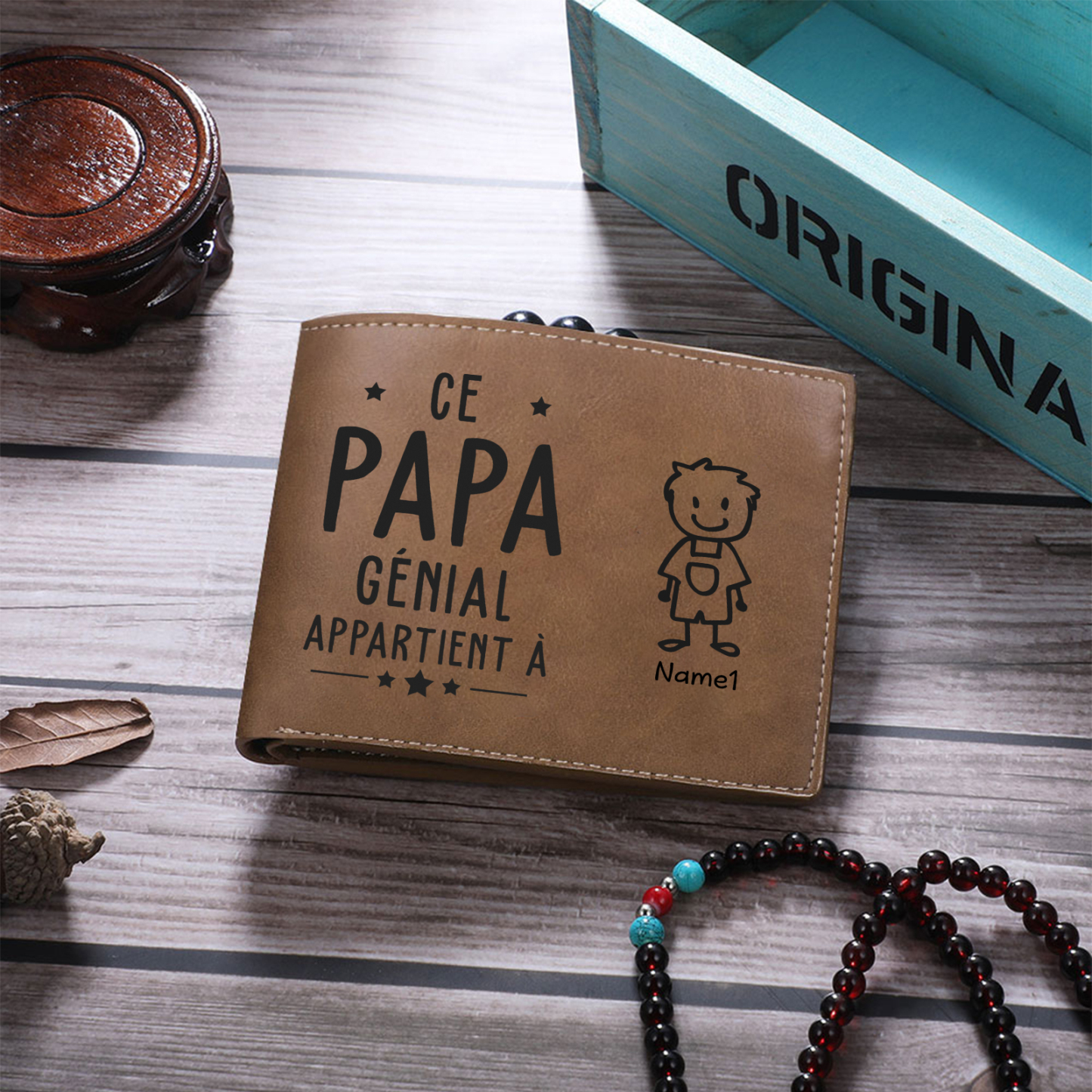 Portefeuille en Cuir 1 Prénom Personnalisé avec photo et texte Classique Homme Cadeau Pour Papa | Jessemade