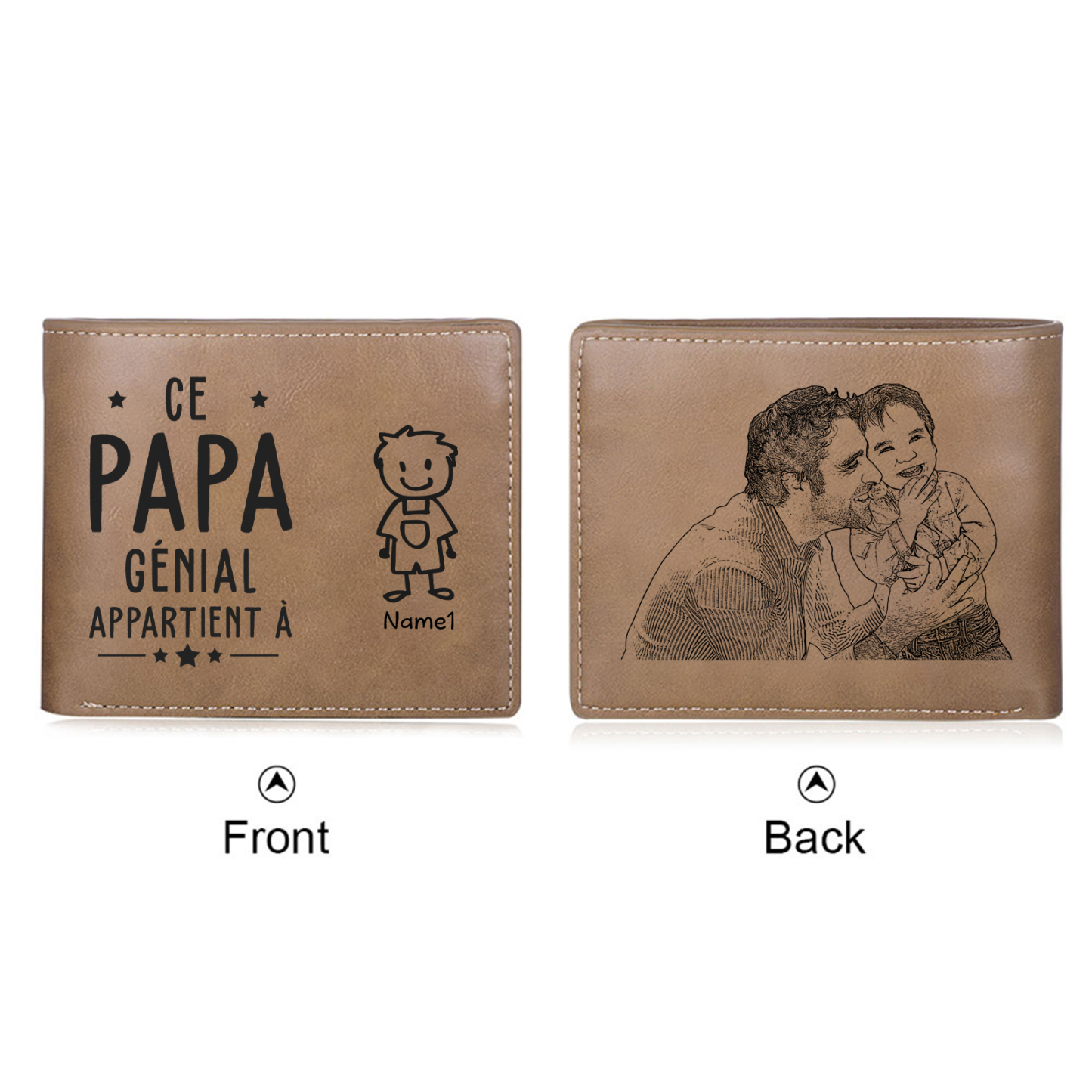 Portefeuille en Cuir 1 Prénom Personnalisé avec photo et texte Classique Homme Cadeau Pour Papa | Jessemade