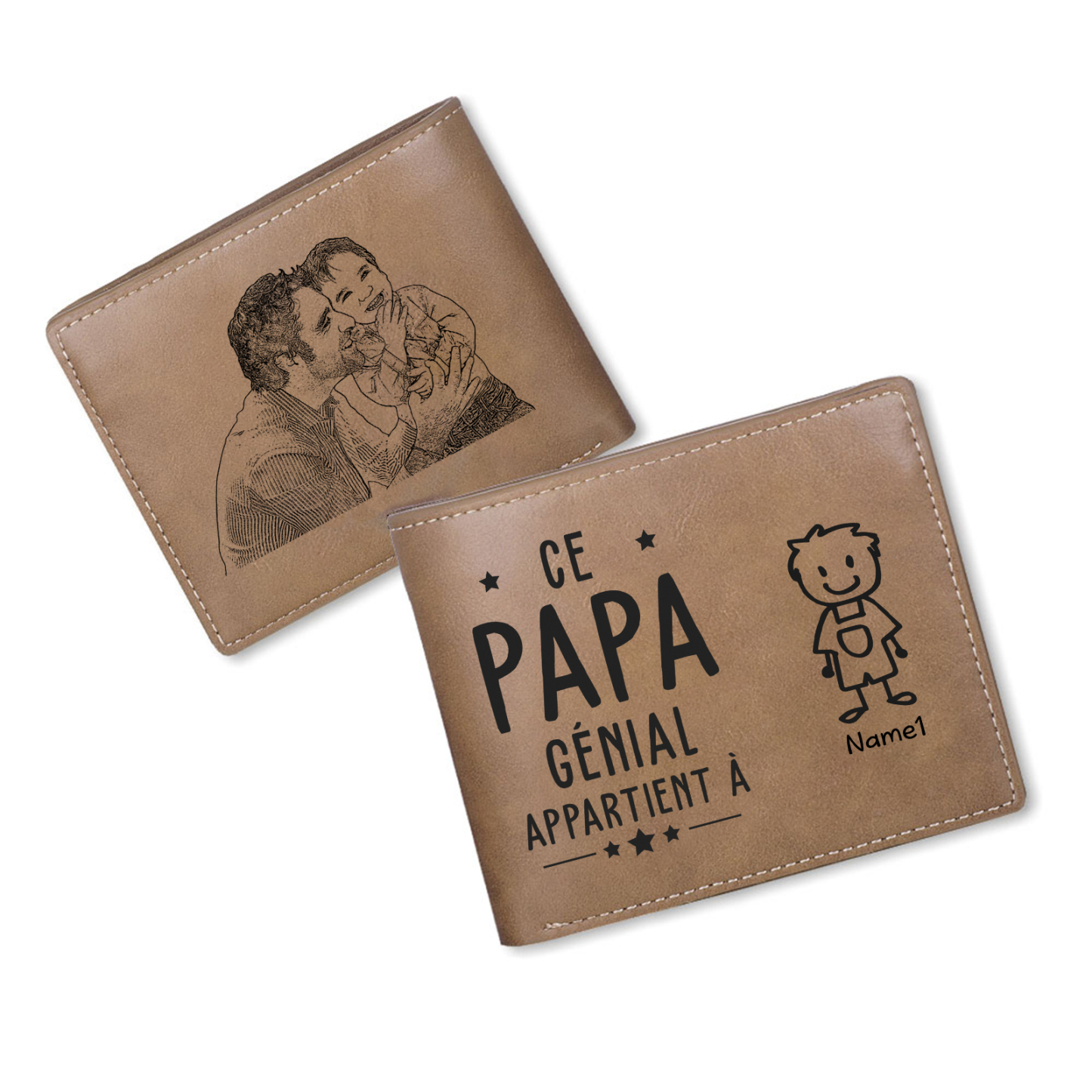 Portefeuille en Cuir 1 Prénom Personnalisé avec photo et texte Classique Homme Cadeau Pour Papa | Jessemade