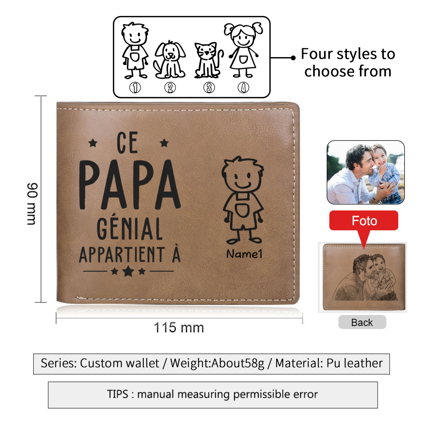 Portefeuille en Cuir 1 Prénom Personnalisé avec photo et texte Classique Homme Cadeau Pour Papa | Jessemade