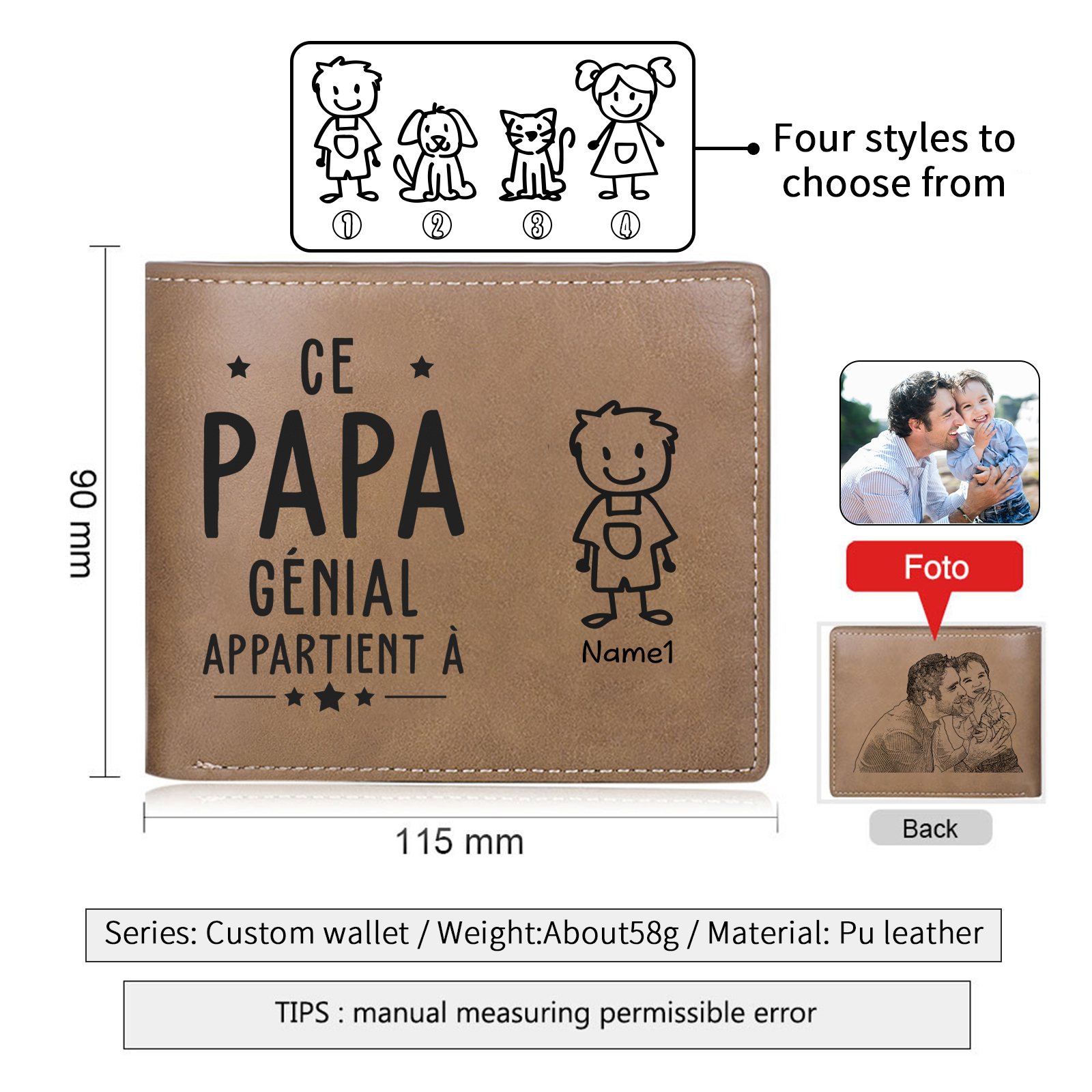 Portefeuille en Cuir 1 Prénom Personnalisé avec photo et texte Classique Homme Cadeau Pour Papa | Jessemade