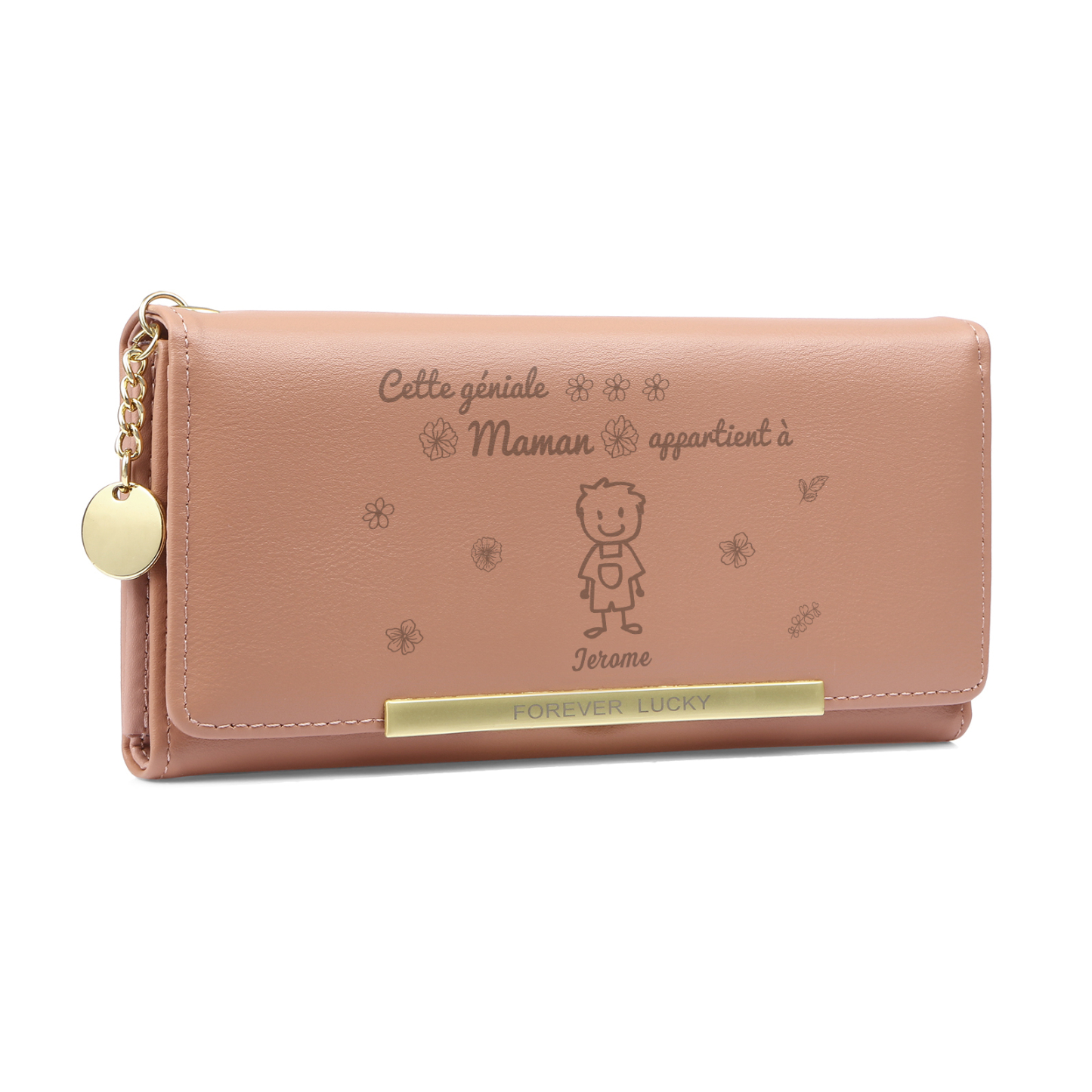 À Maman - Portefeuille Femme Photo Personnalisée avec 1 Dessin Enfant et 1 Prénom Porte-monnaie Long Rose en Cuir PU pour Maman | Jessemade