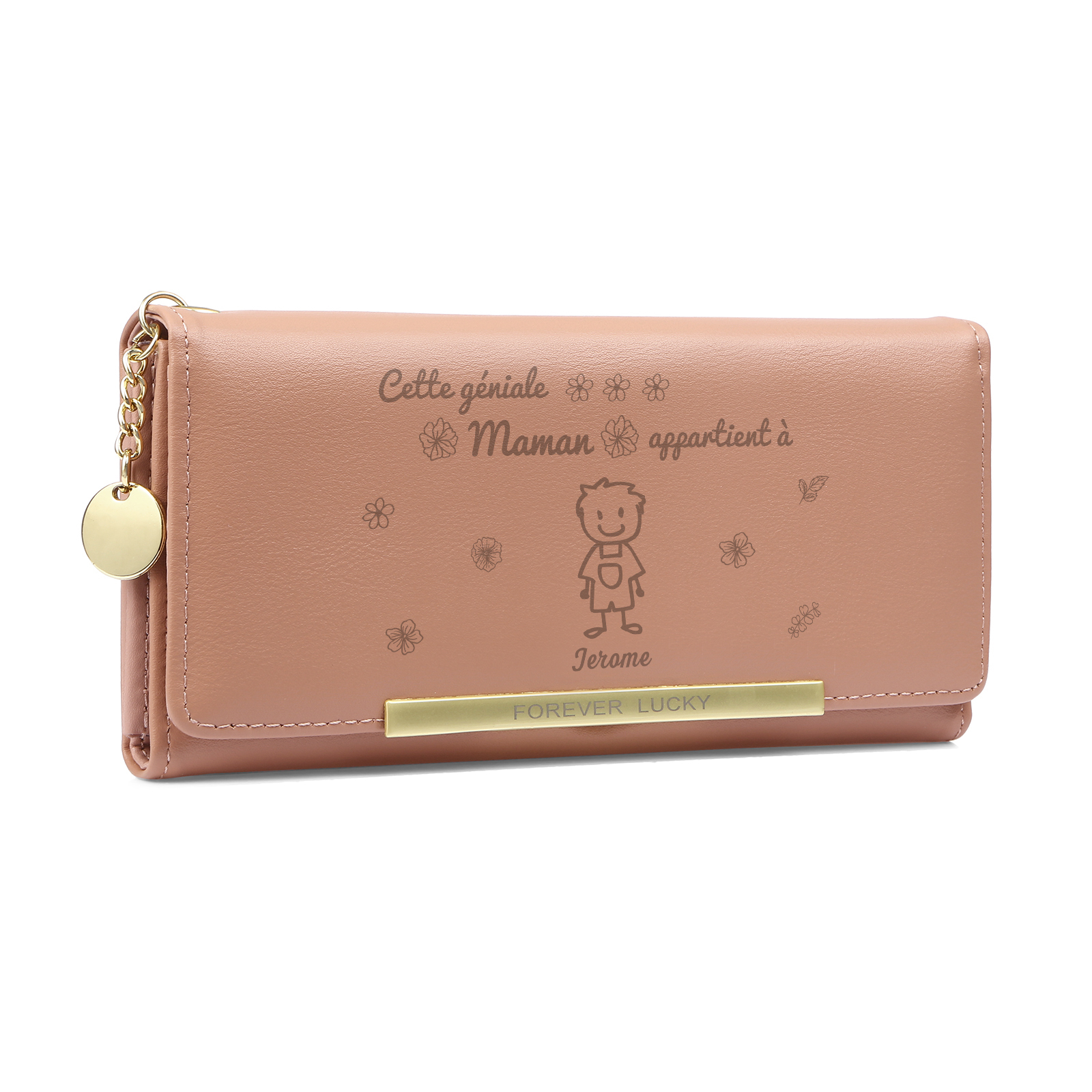 À Maman - Portefeuille Femme Photo Personnalisée avec 1 Dessin Enfant et 1 Prénom Porte-monnaie Long Rose en Cuir PU pour Maman | Jessemade