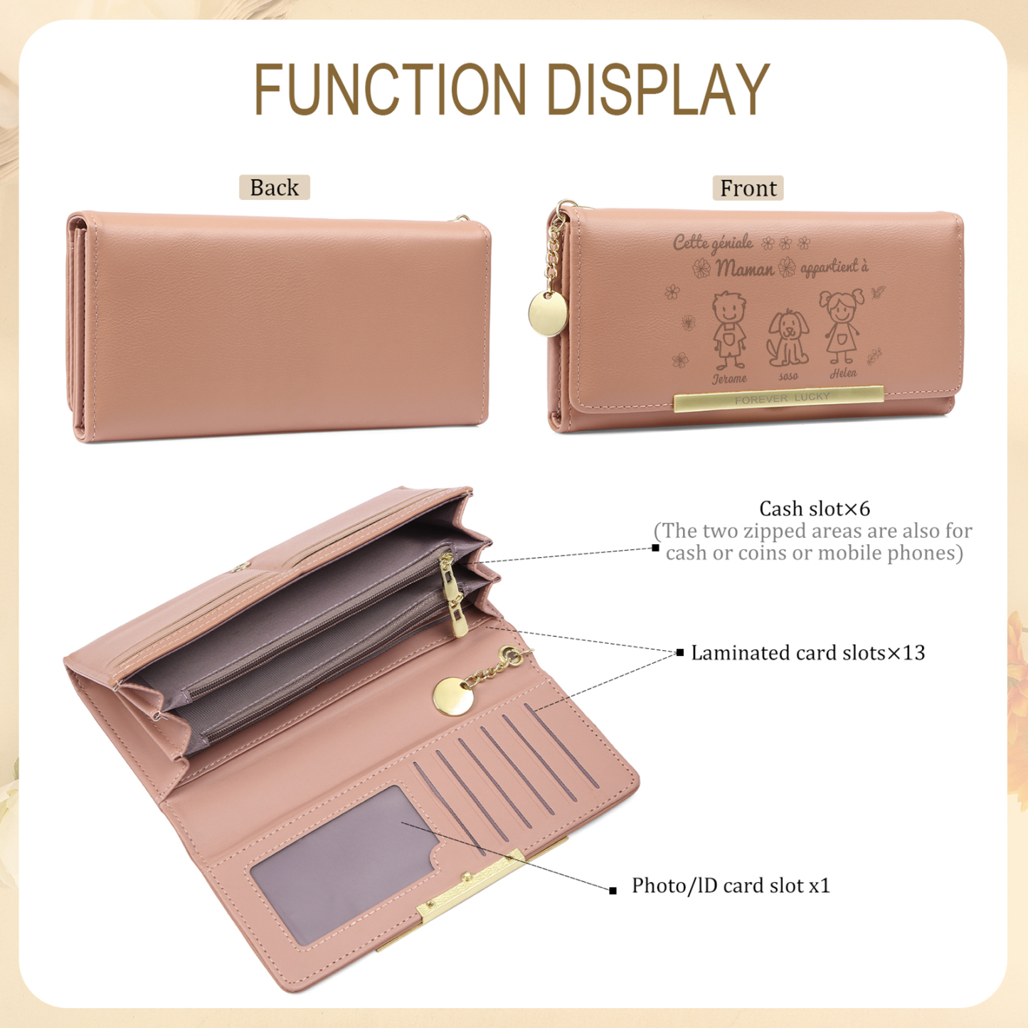 3PCS Coffret Cadeau - Portefeuille, Collier Coeur et Carte Personnalisés avec 3 Prénoms et Dessins Enfant et Pierres de Naissance | Jessemade
