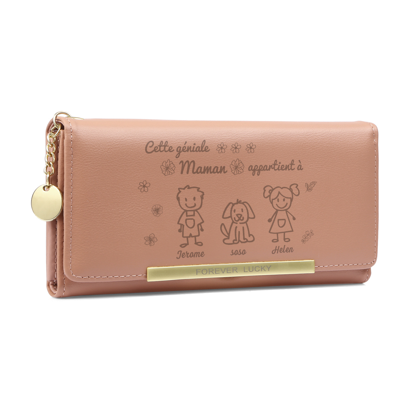 3PCS Coffret Cadeau - Portefeuille, Collier Coeur et Carte Personnalisés avec 3 Prénoms et Dessins Enfant et Pierres de Naissance | Jessemade