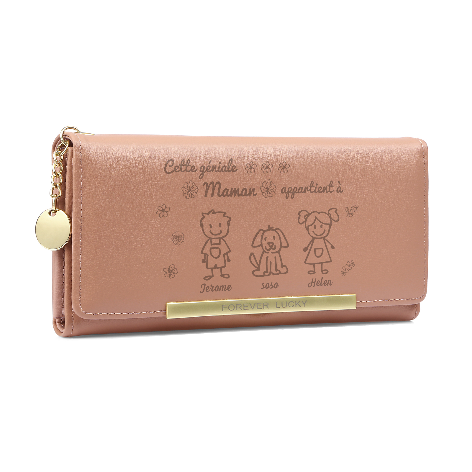 3PCS Coffret Cadeau - Portefeuille, Collier Coeur et Carte Personnalisés avec 3 Prénoms et Dessins Enfant et Pierres de Naissance | Jessemade