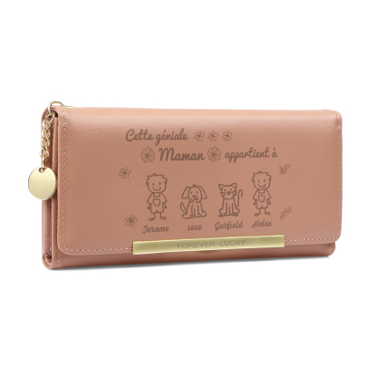 À Maman - Portefeuille Femme Photo Personnalisée avec 4 Dessins Enfant et 4 Prénoms Porte-monnaie Long Rose en Cuir PU pour Maman | Jessemade