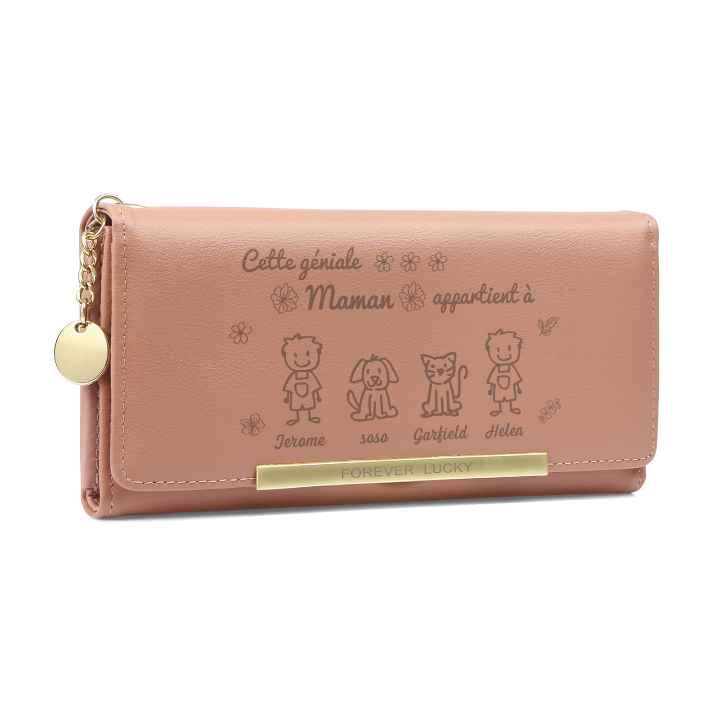 Portefeuille Personnalisé en cuir PU avec 4 Breloques Enfant et 4 Prénoms Porte-monnaie pour Maman | Jessemade