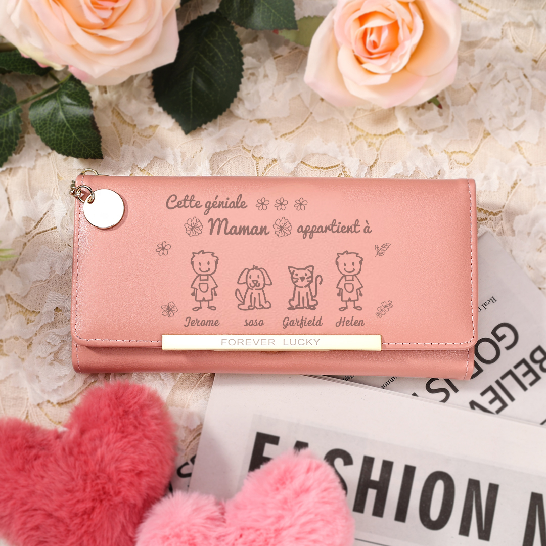 À Maman - Portefeuille Femme Photo Personnalisée avec 4 Dessins Enfant et 4 Prénoms Porte-monnaie Long Rose en Cuir PU pour Maman | Jessemade