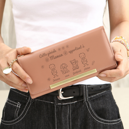À Maman - Portefeuille Femme Photo Personnalisée avec 4 Dessins Enfant et 4 Prénoms Porte-monnaie Long Rose en Cuir PU pour Maman | Jessemade