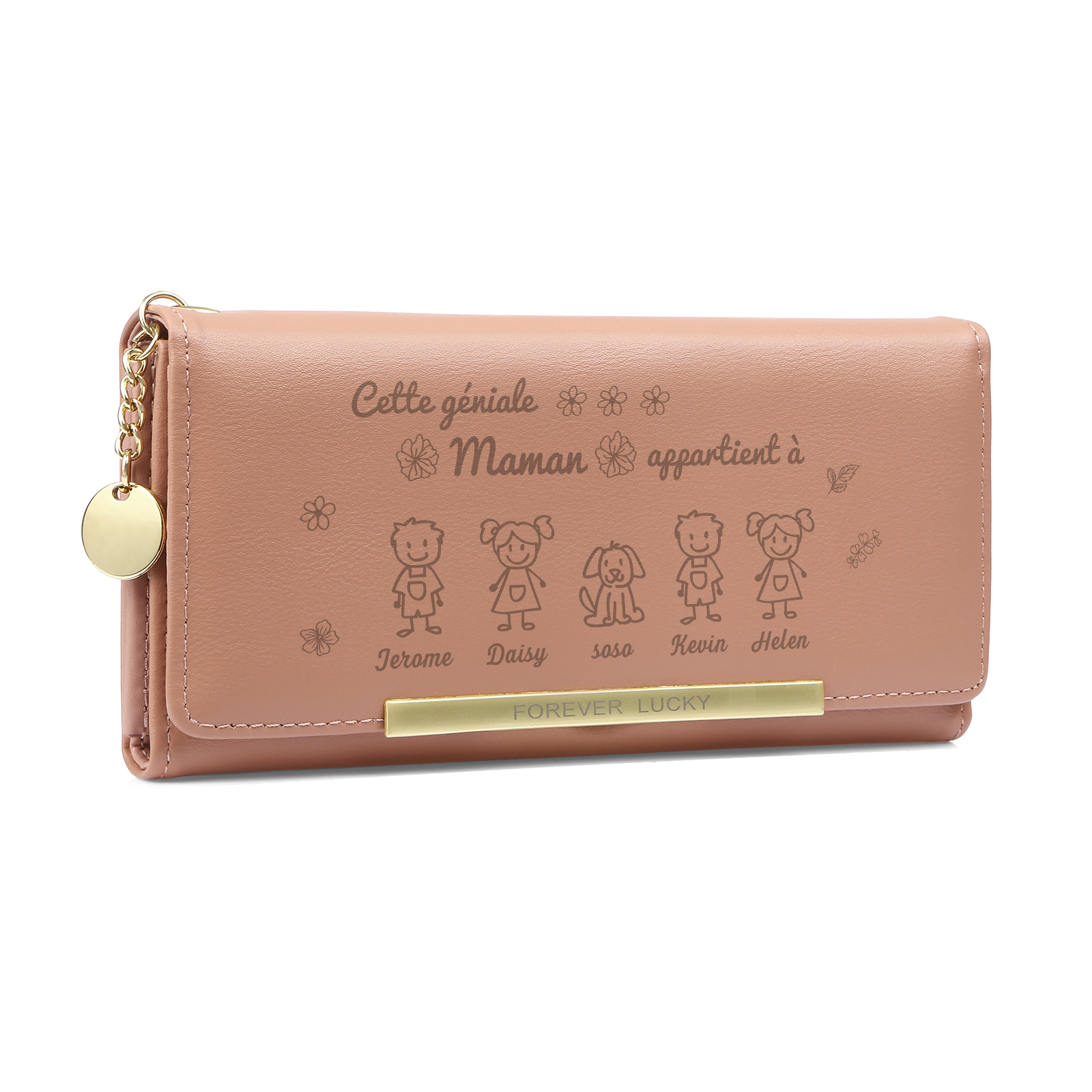 À Maman - Portefeuille Femme Photo Personnalisée avec 5 Dessins Enfant et 5 Prénoms Porte-monnaie Long Rose en Cuir PU pour Maman | Jessemade
