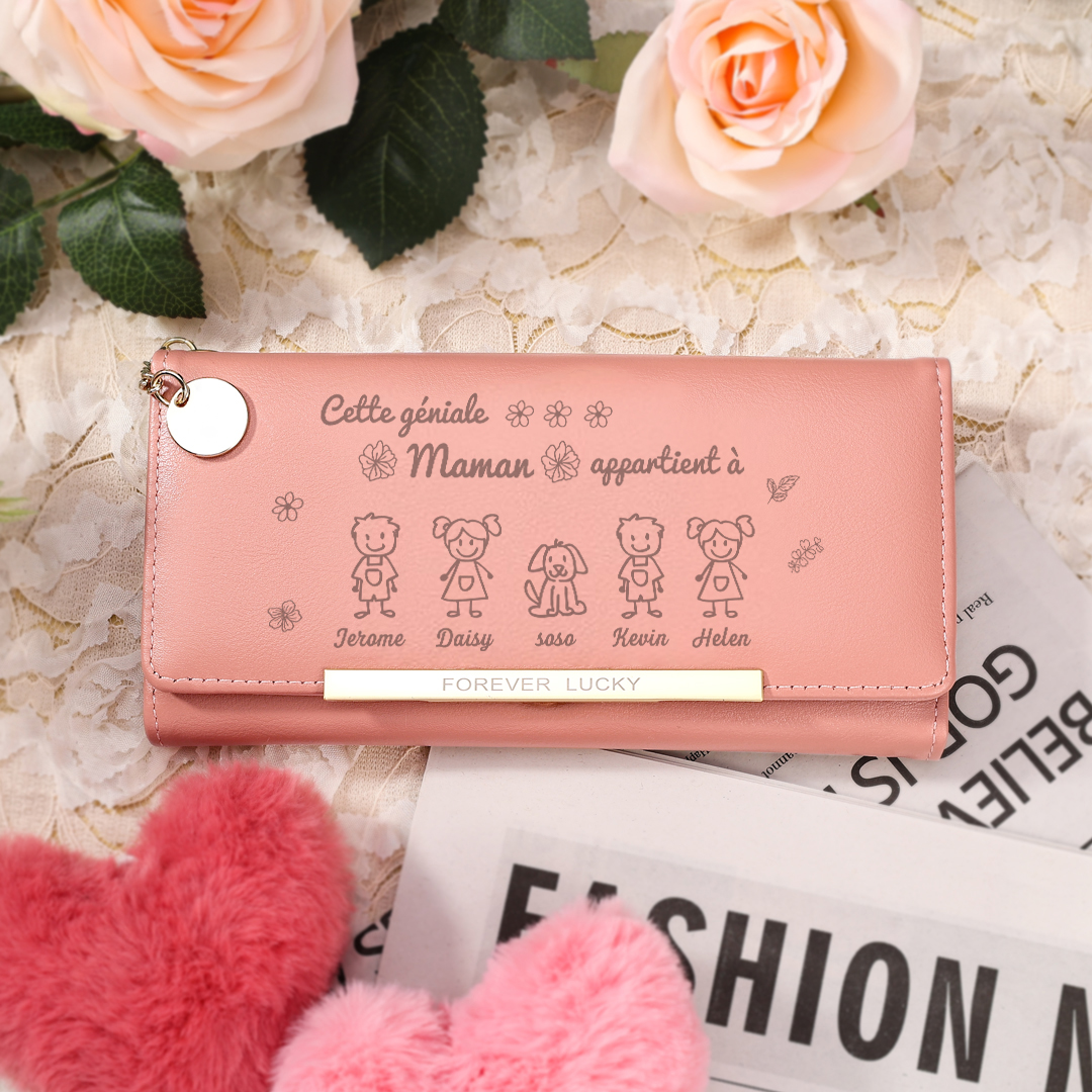 À Maman - Portefeuille Femme Photo Personnalisée avec 5 Dessins Enfant et 5 Prénoms Porte-monnaie Long Rose en Cuir PU pour Maman | Jessemade