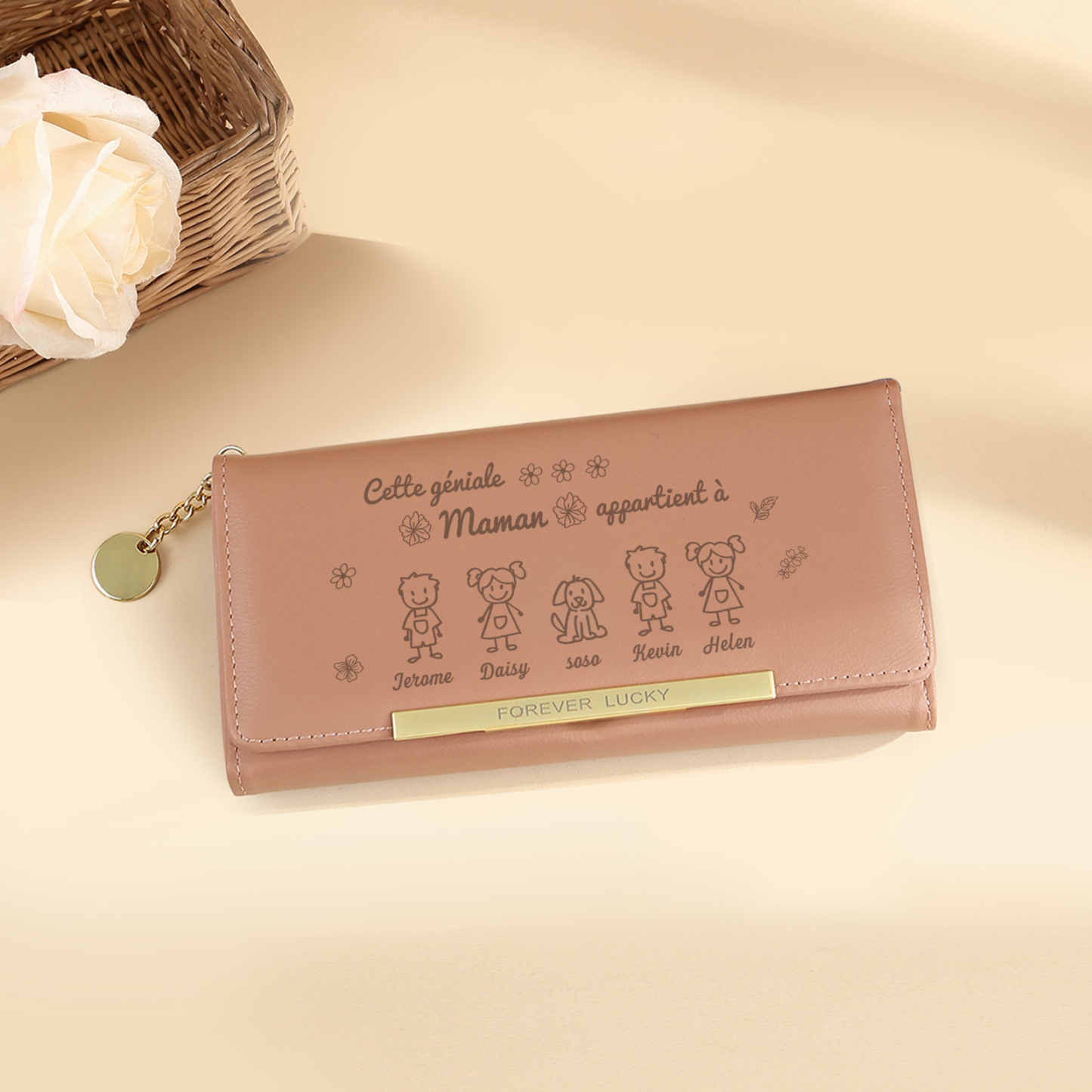 À Maman - Portefeuille Femme Photo Personnalisée avec 5 Dessins Enfant et 5 Prénoms Porte-monnaie Long Rose en Cuir PU pour Maman | Jessemade