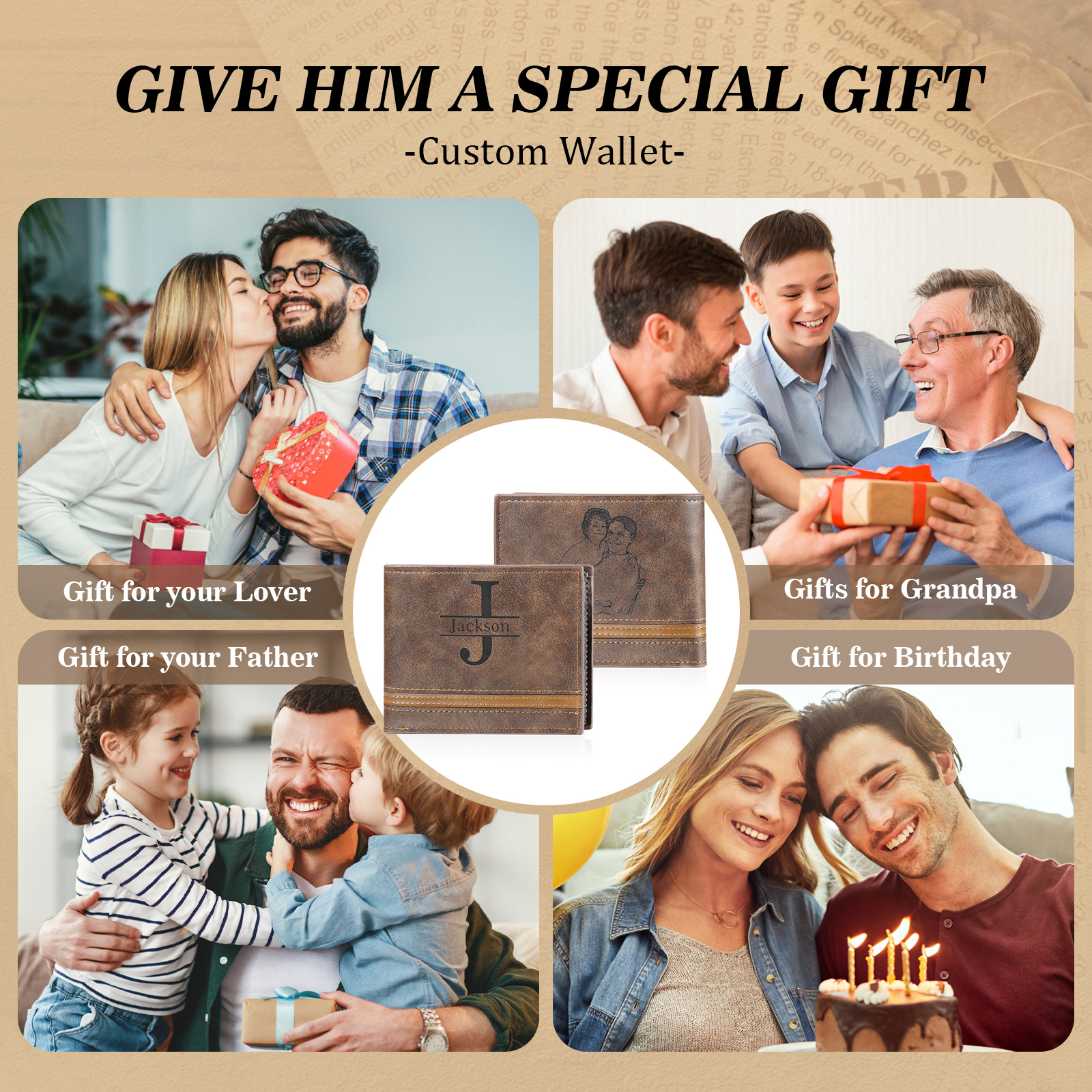 Portefeuille Homme Photo Personnalisée avec Prénom et Lettre Porte-Monnaie en cuir pour Homme | Jessemade