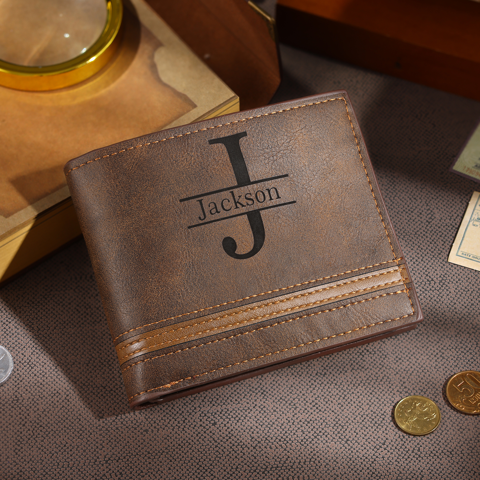 Portefeuille Homme Photo Personnalisée avec Prénom et Lettre Porte-Monnaie en cuir pour Homme | Jessemade