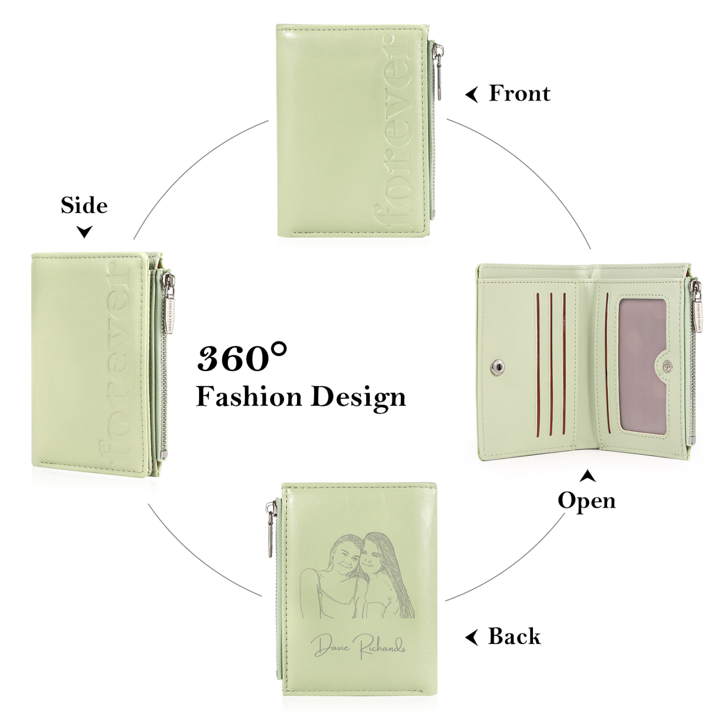 Portefeuille en cuir Personnalisé avec Photo et Texte Porte-monnaie 4 couleurs choisies pour Femme  | Jessemade