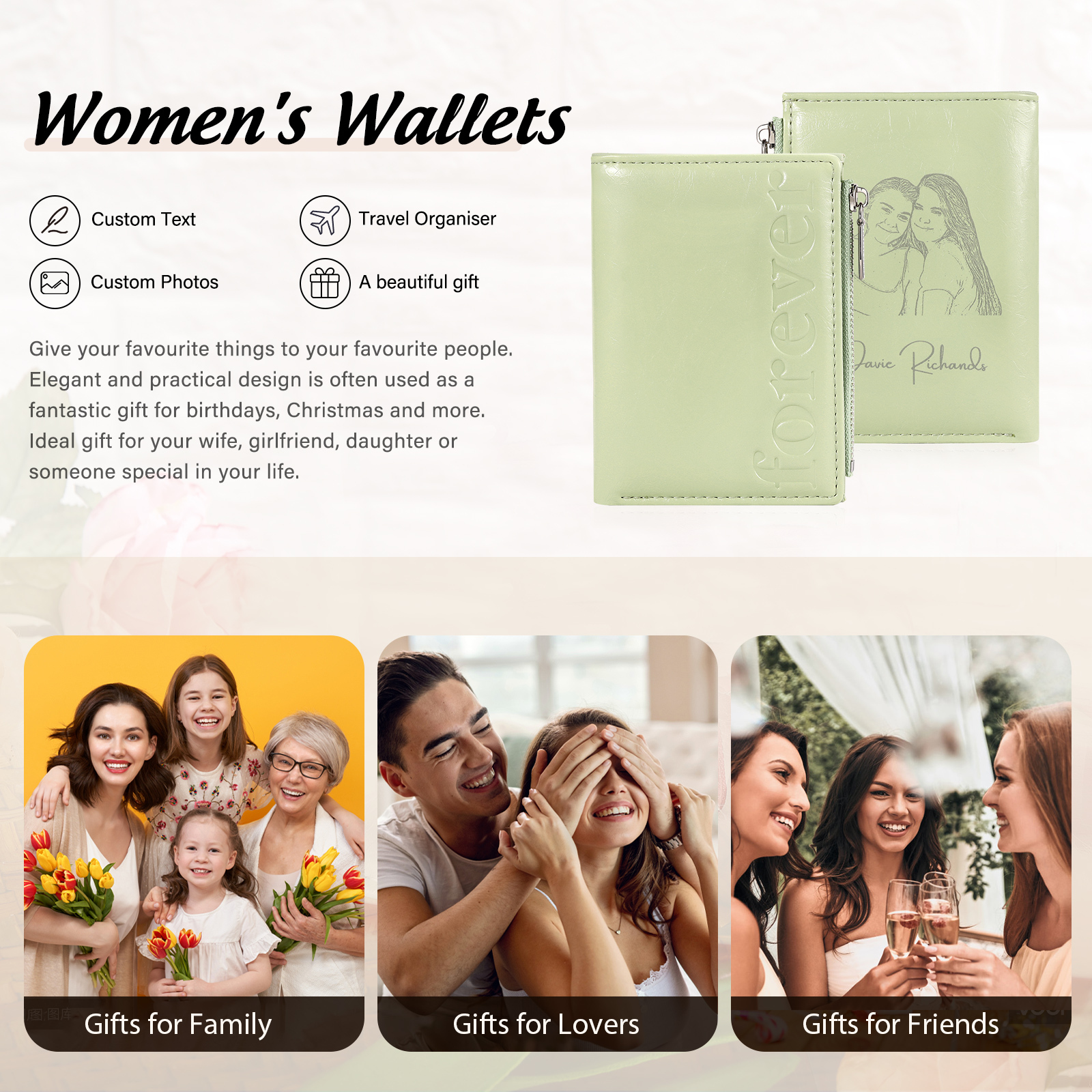 Portefeuille en cuir Personnalisé avec Photo et Texte Porte-monnaie 4 couleurs choisies pour Femme  | Jessemade