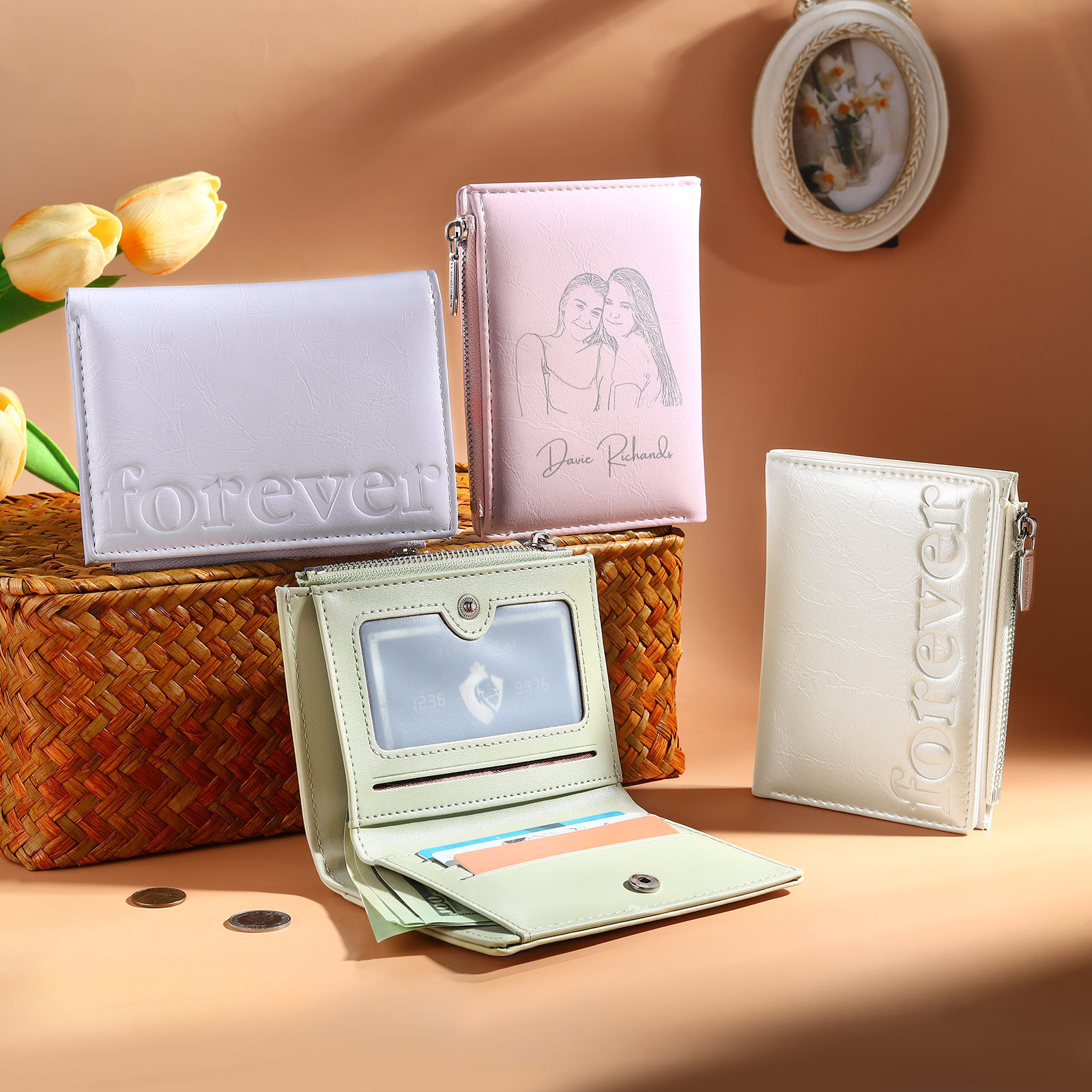 Portefeuille en cuir Personnalisé avec Photo et Texte Porte-monnaie 4 couleurs choisies pour Femme  | Jessemade