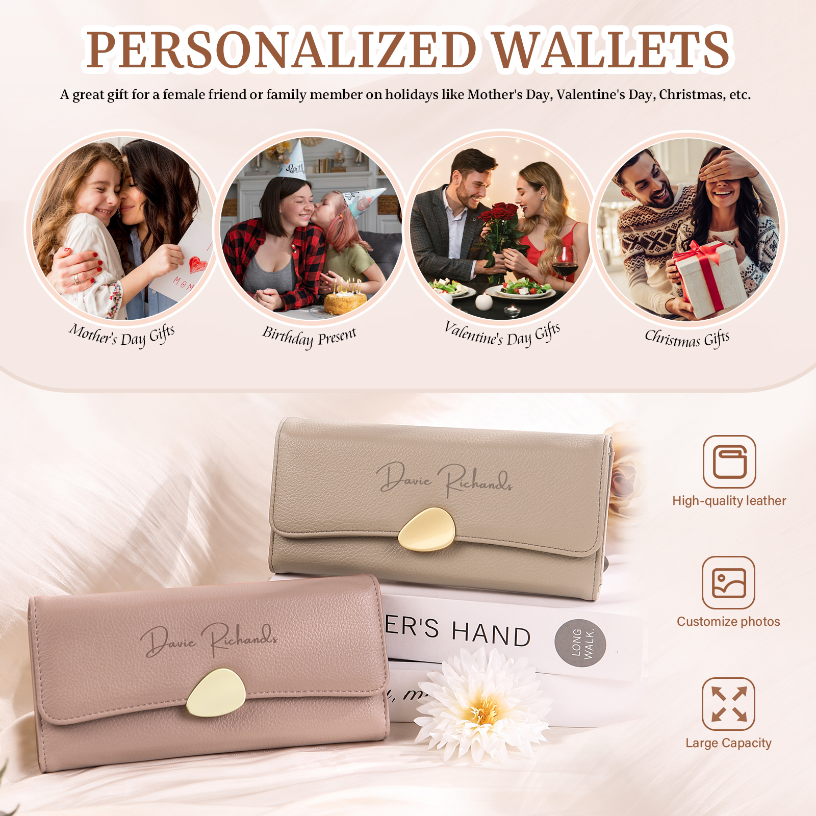 Portefeuille Femme Personnalisé Long en Cuir PU avec Photo et Prénoms Porte-monnaie pour Femme | Jessemade