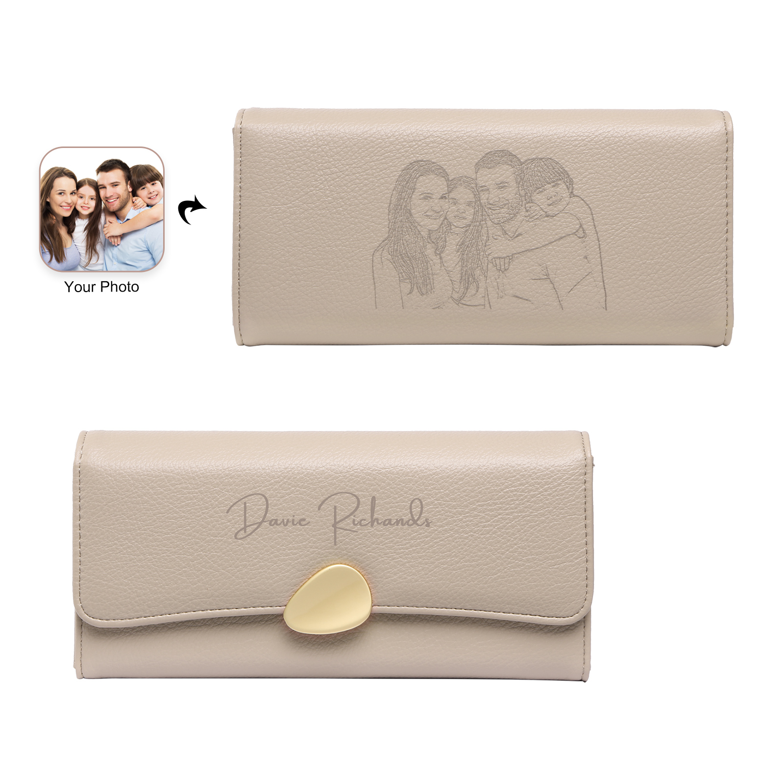 Portefeuille Femme Personnalisé Long en Cuir PU avec Photo et Prénoms Porte-monnaie pour Femme | Jessemade