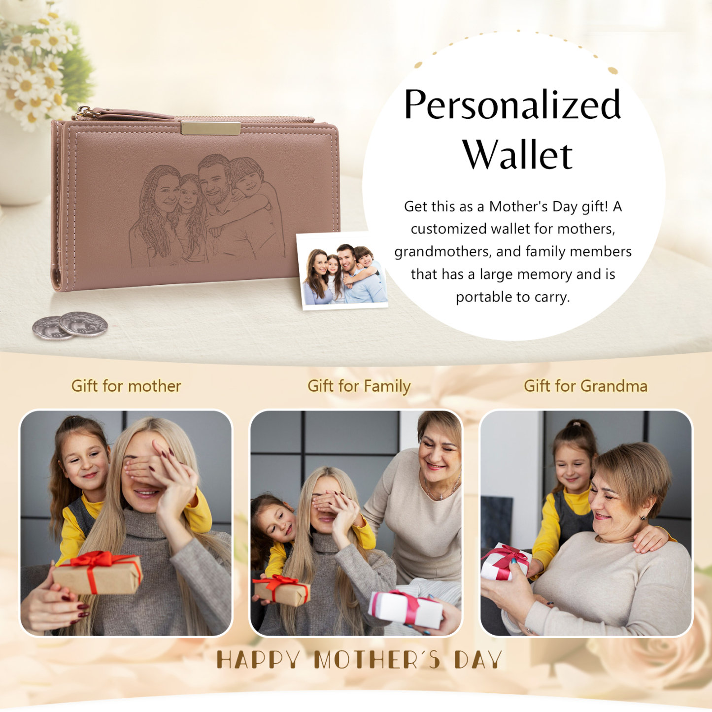 Portefeuille en cuir long Personnalisé avec Photo Porte-monnaie pour Femme  | Jessemade