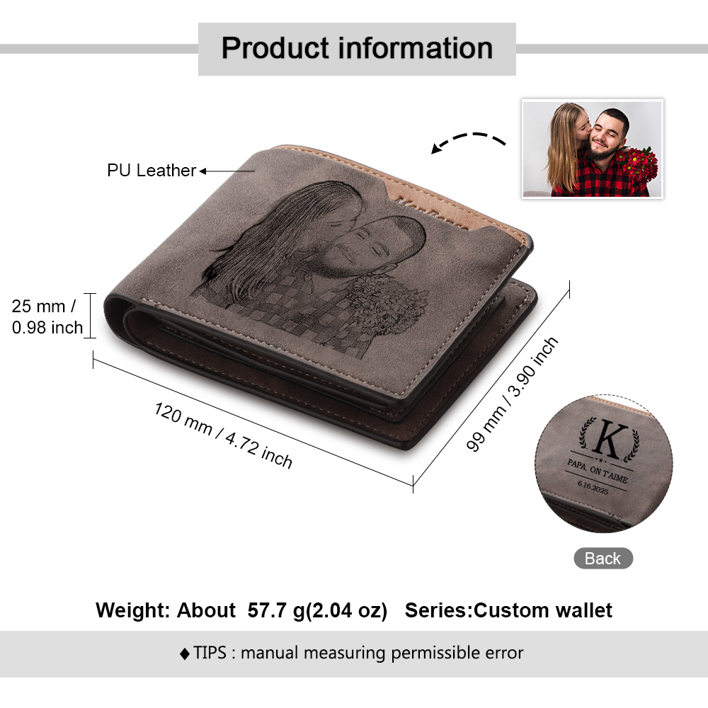 Portefeuille en cuir PU Photo Personnalisée avec Texte Date et Lettre Porte-Monnaie pour Homme | Jessemade